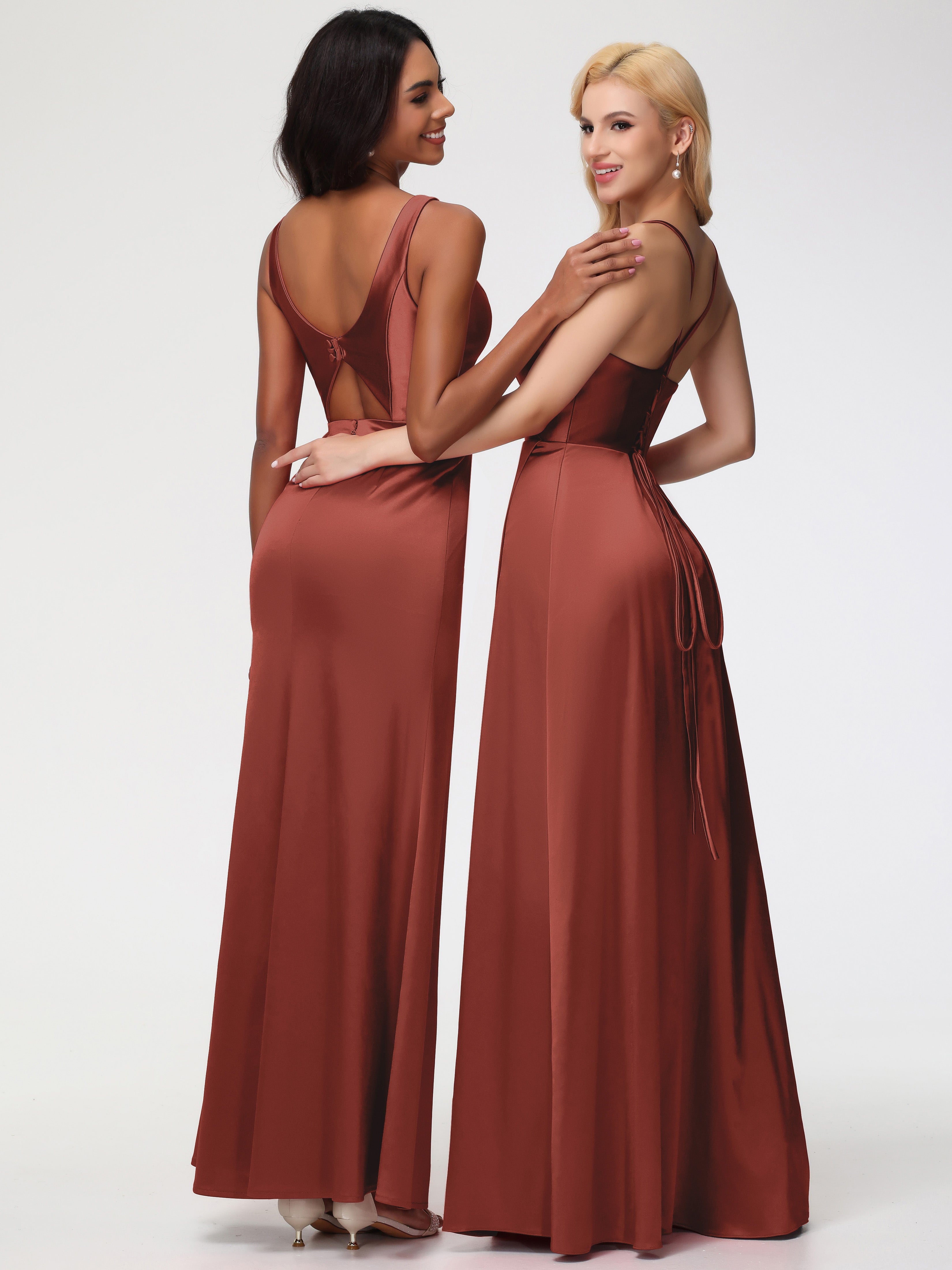 Robes De Demoiselle D'Honneur Couleur Rouille Col V Fourreau/Colonne Satin Extensible Fendue Robe De Demoiselle D'Honneur