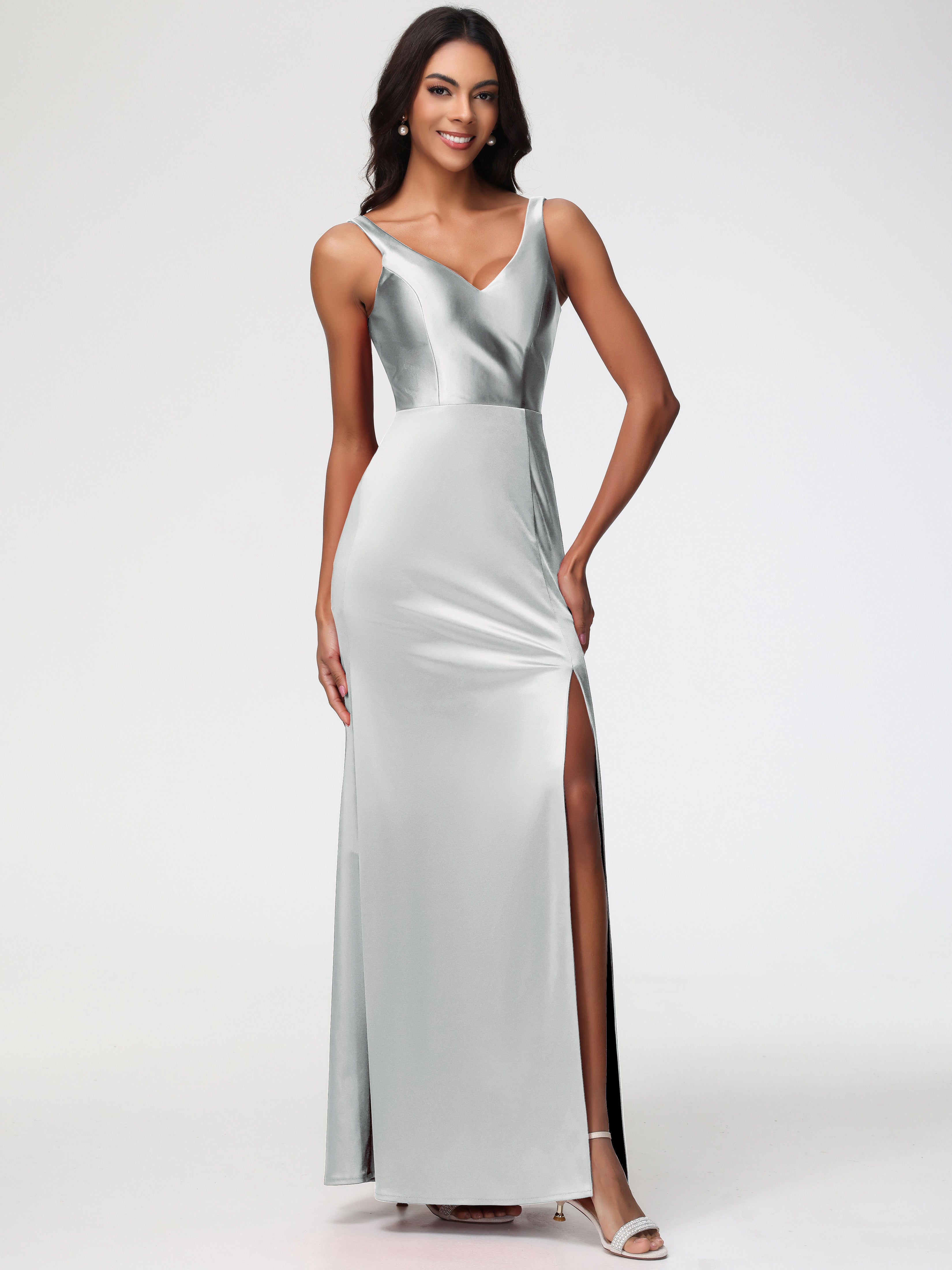 Robes De Demoiselle D'Honneur En Argent Col V Fourreau/Colonne Satin Extensible Fendue Robe De Demoiselle D'Honneur