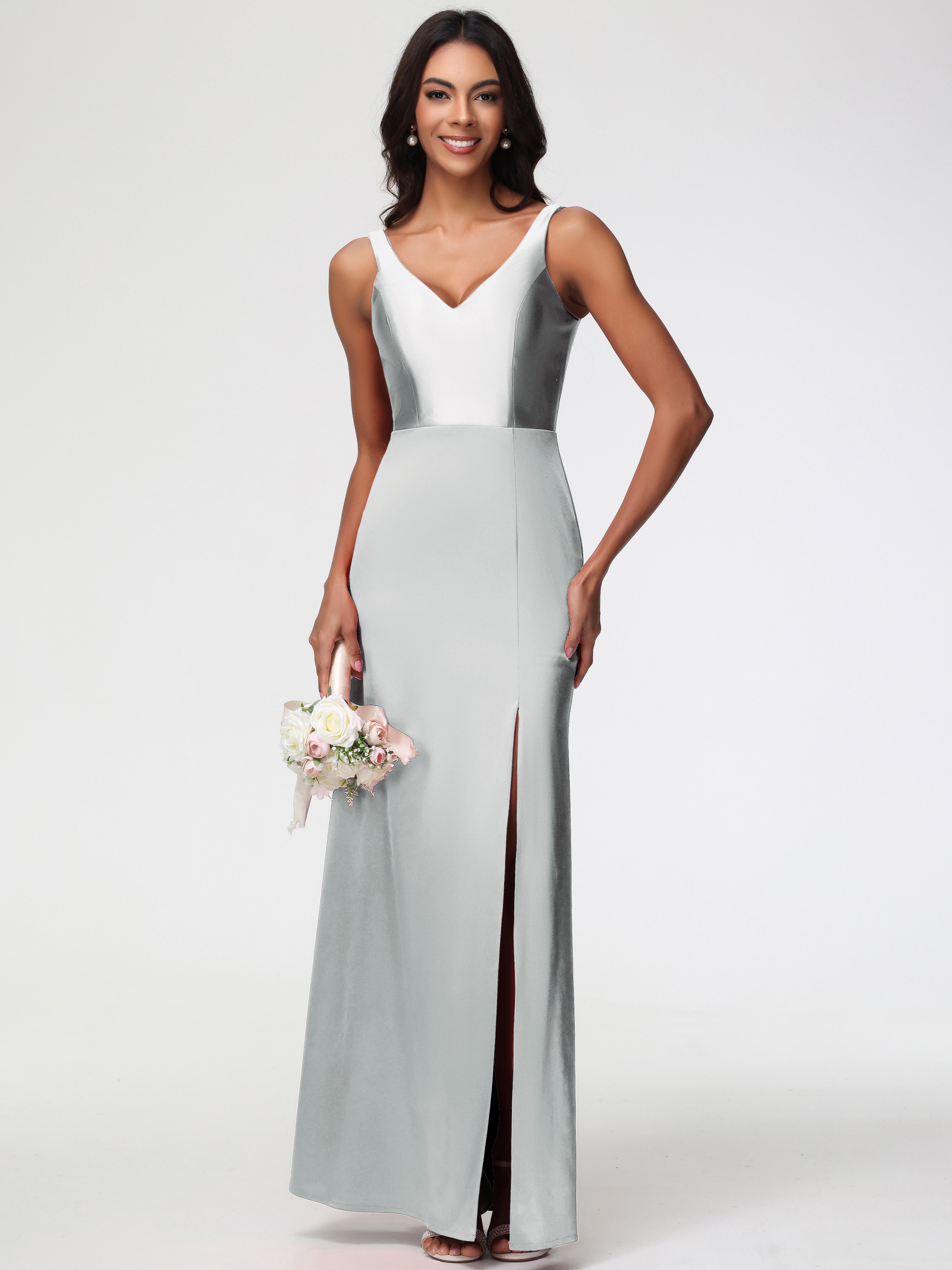 Robes De Demoiselle D'Honneur En Argent Col V Fourreau/Colonne Satin Extensible Fendue Robe De Demoiselle D'Honneur