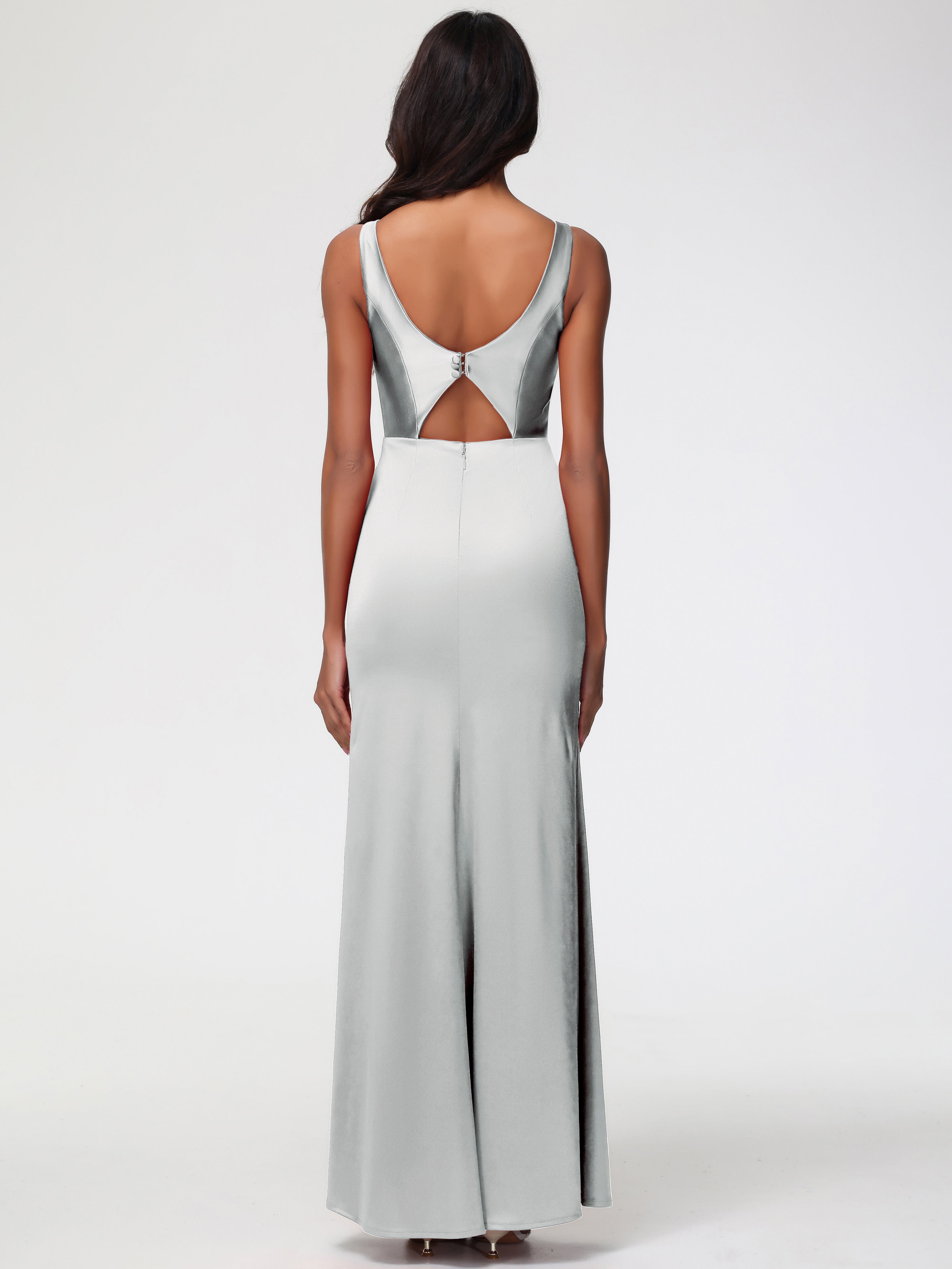 Robes De Demoiselle D'Honneur En Argent Col V Fourreau/Colonne Satin Extensible Fendue Robe De Demoiselle D'Honneur