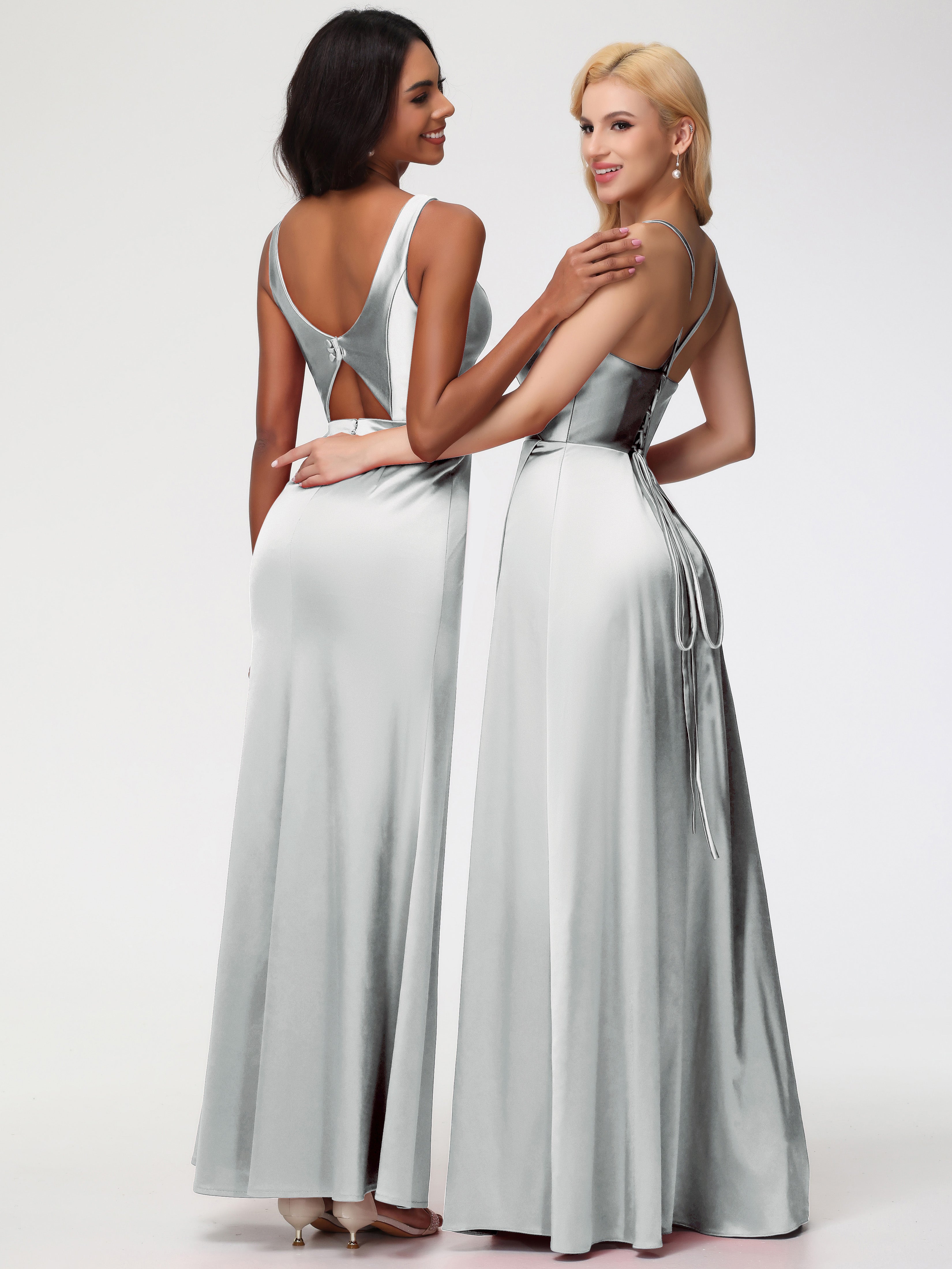 Robes De Demoiselle D'Honneur En Argent Col V Fourreau/Colonne Satin Extensible Fendue Robe De Demoiselle D'Honneur