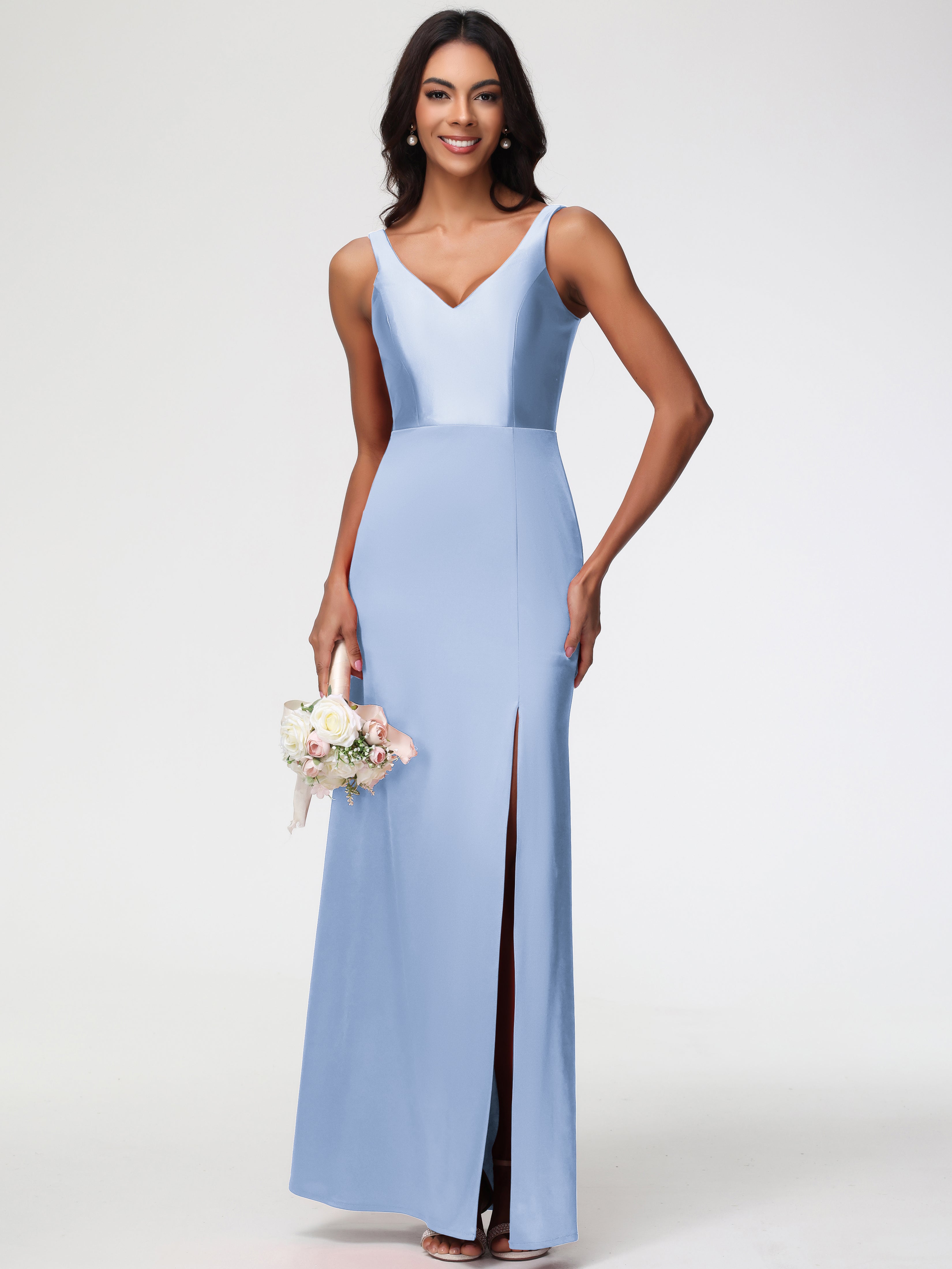 Robe Demoiselle D Honneur Bleue Ciel Col V Fourreau/Colonne Satin Extensible Fendue Robe De Demoiselle D'Honneur