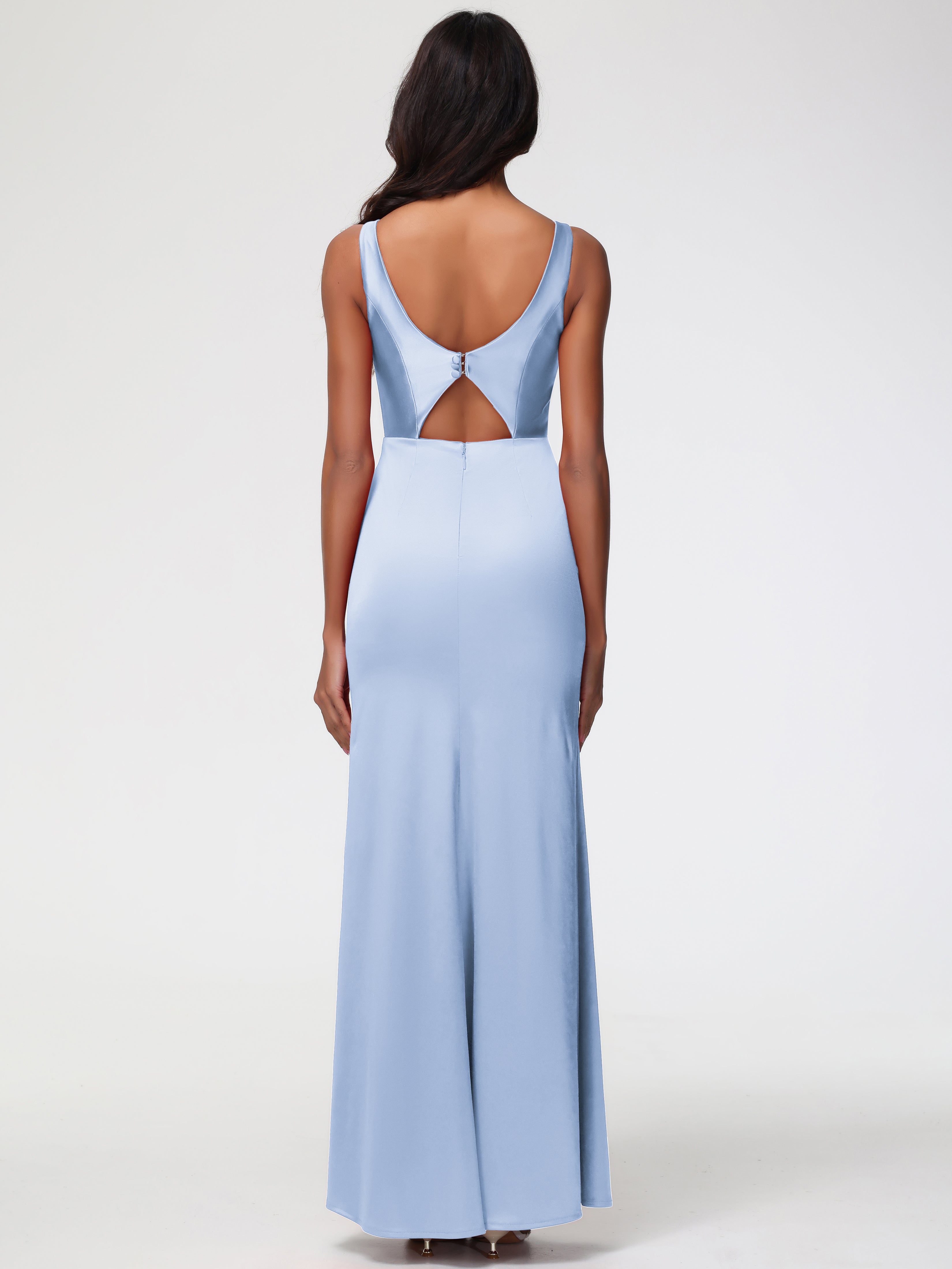 Robe Demoiselle D Honneur Bleue Ciel Col V Fourreau/Colonne Satin Extensible Fendue Robe De Demoiselle D'Honneur