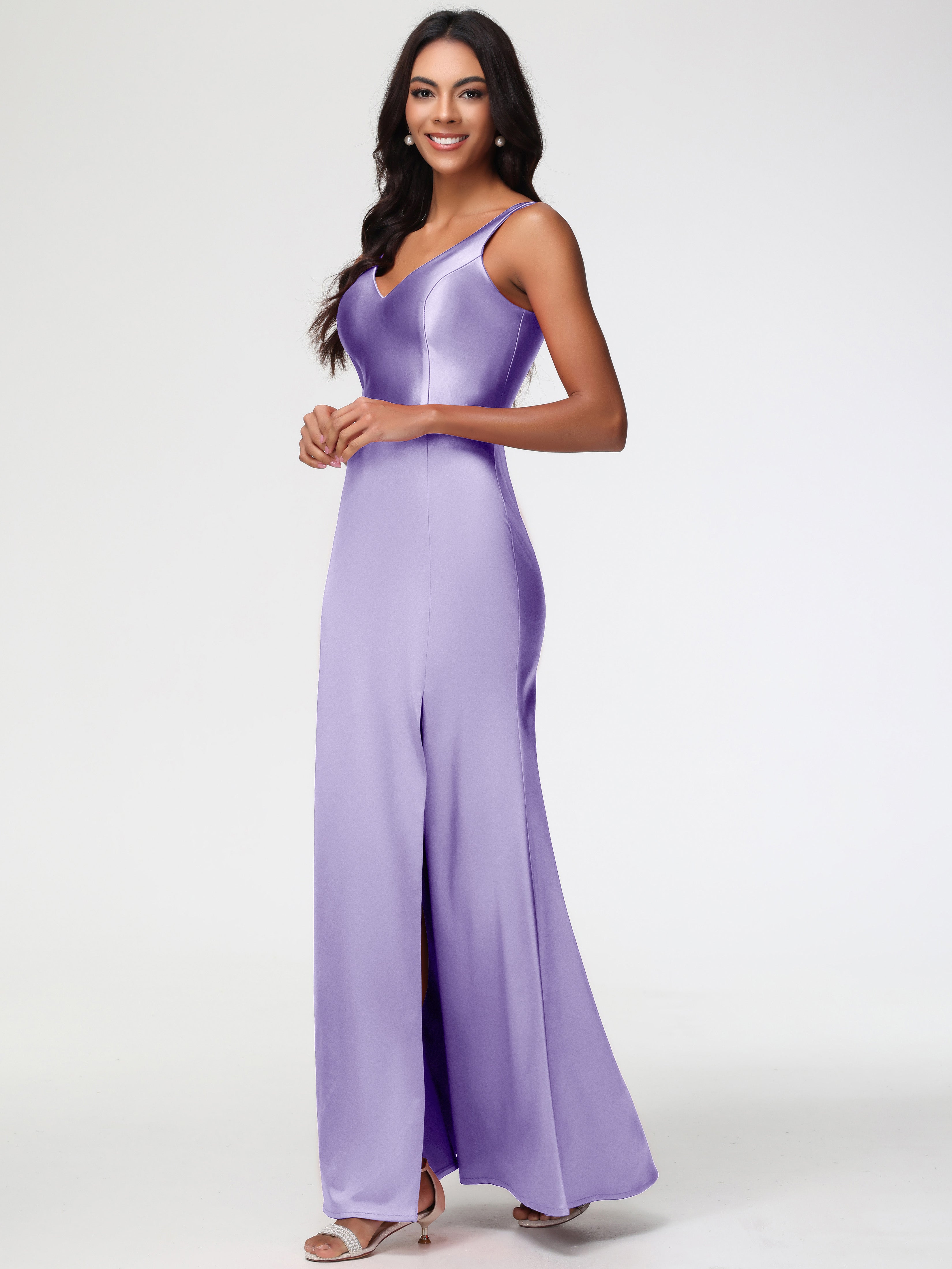 Robes De Demoiselle D'Honneur Tahiti Col V Fourreau/Colonne Satin Extensible Fendue Robe De Demoiselle D'Honneur