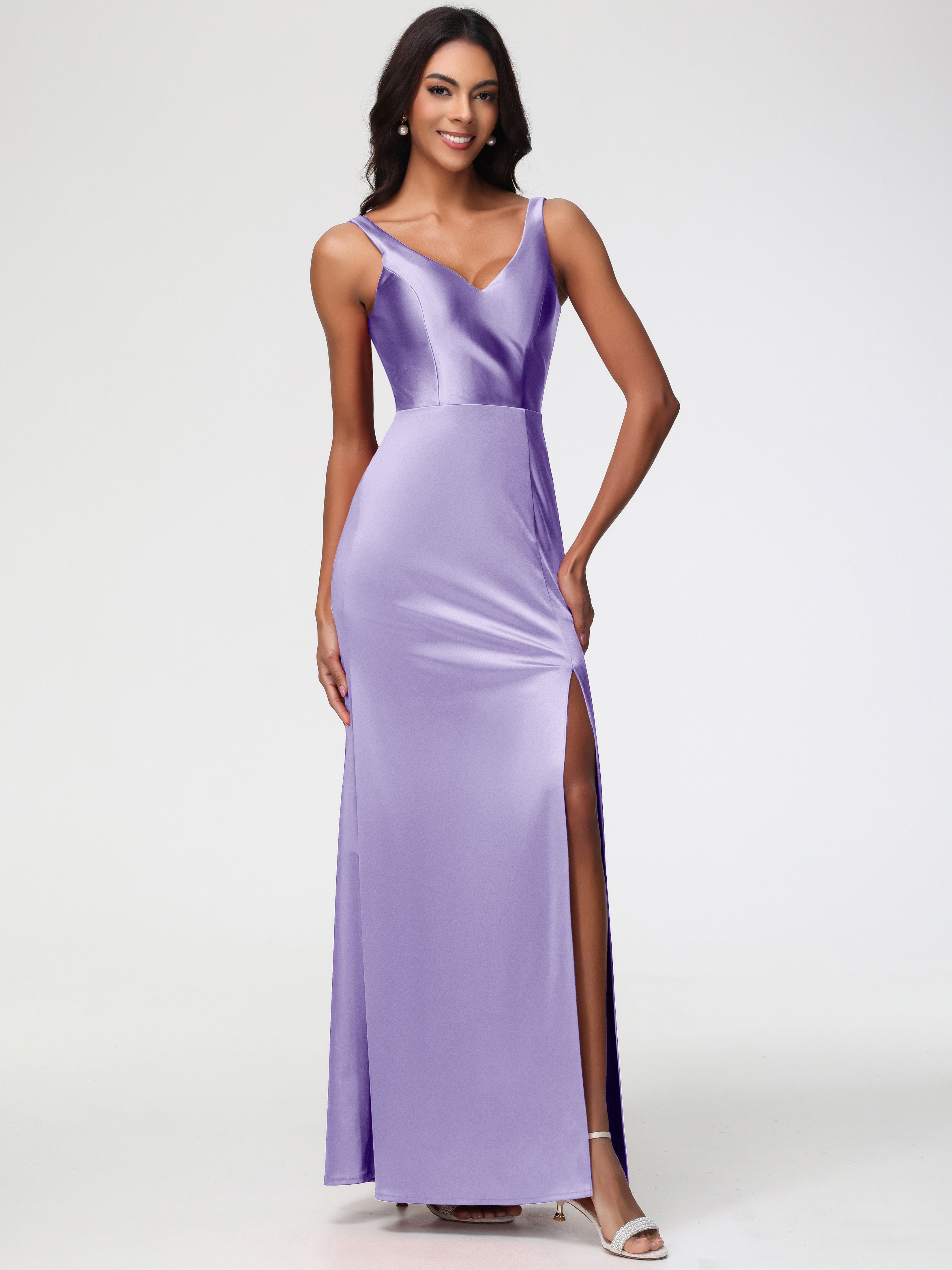 Robes De Demoiselle D'Honneur Tahiti Col V Fourreau/Colonne Satin Extensible Fendue Robe De Demoiselle D'Honneur