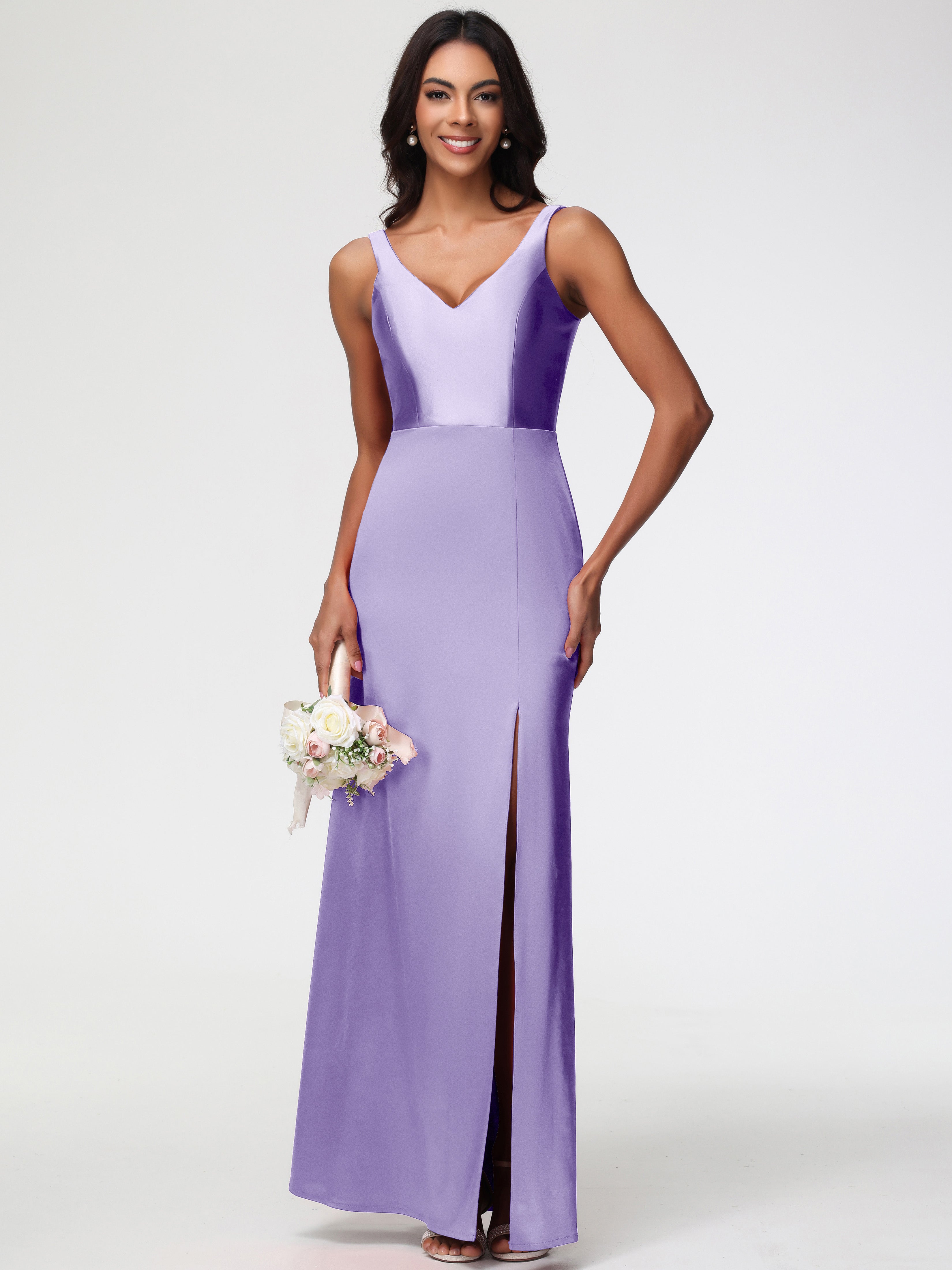 Robes De Demoiselle D'Honneur Tahiti Col V Fourreau/Colonne Satin Extensible Fendue Robe De Demoiselle D'Honneur