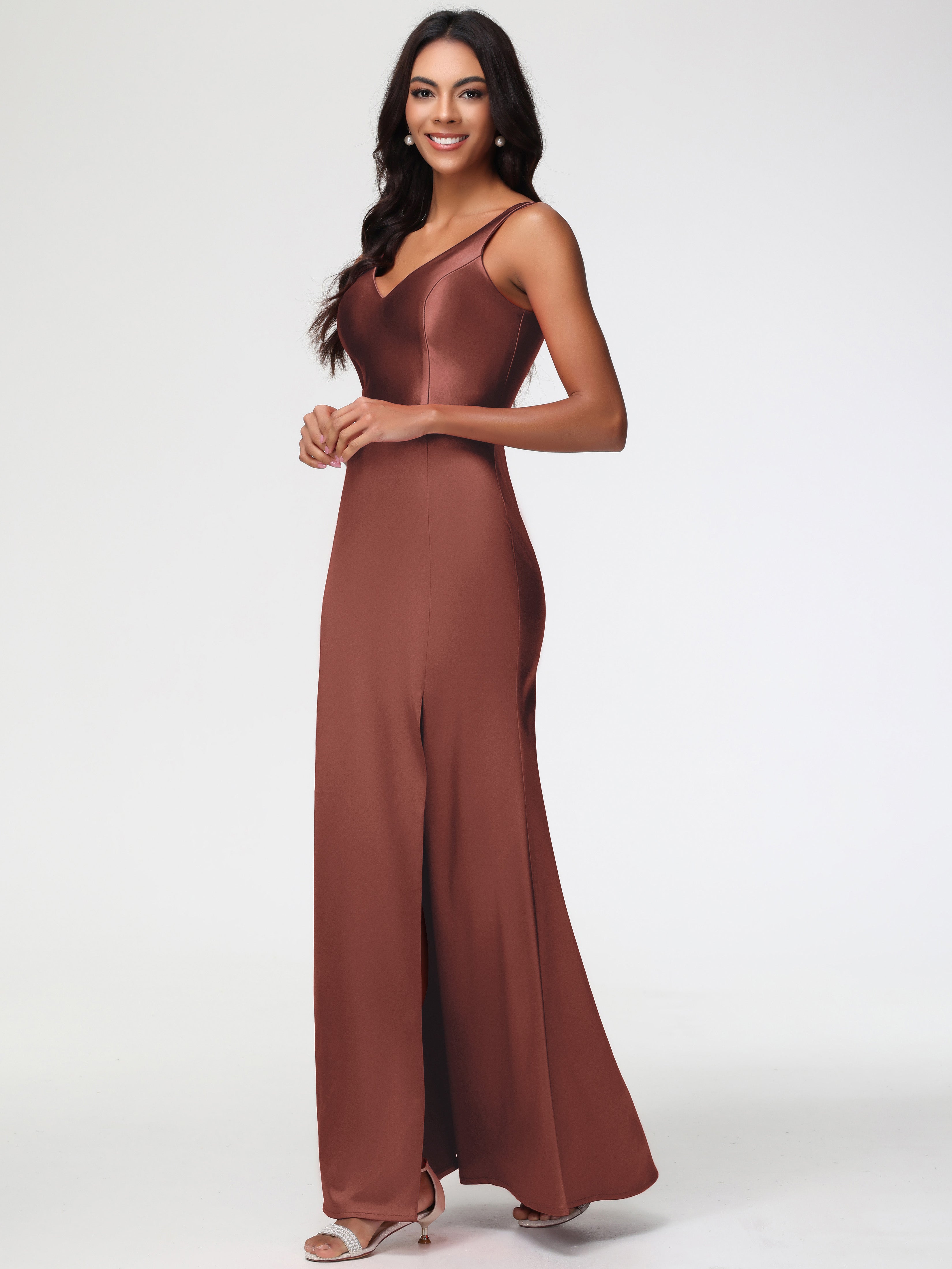 Rouille Robe Demoiselle D Honneur Terracotta Col V Fourreau/Colonne Satin Extensible Fendue Robe De Demoiselle D'Honneur