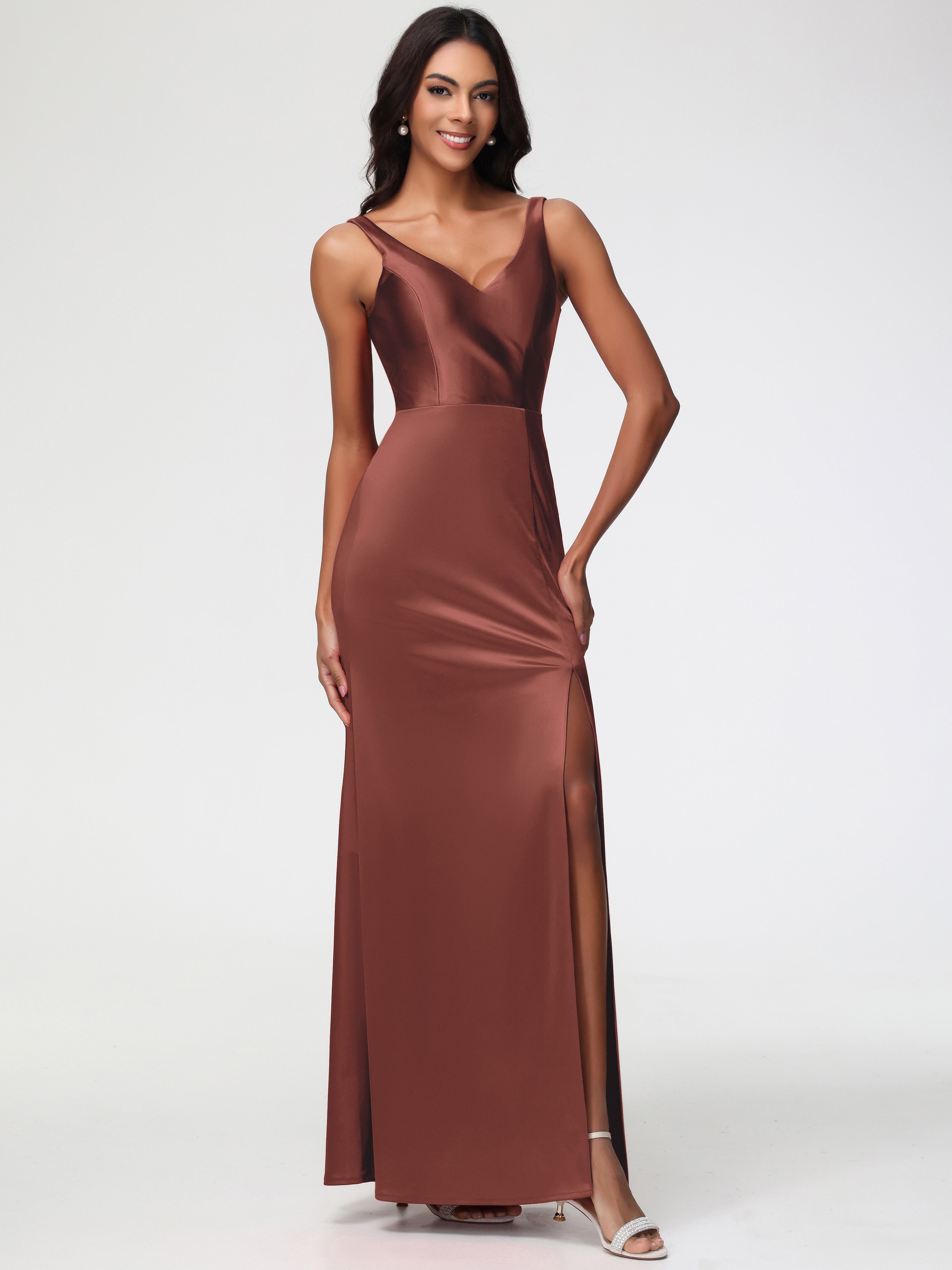 Rouille Robe Demoiselle D Honneur Terracotta Col V Fourreau/Colonne Satin Extensible Fendue Robe De Demoiselle D'Honneur