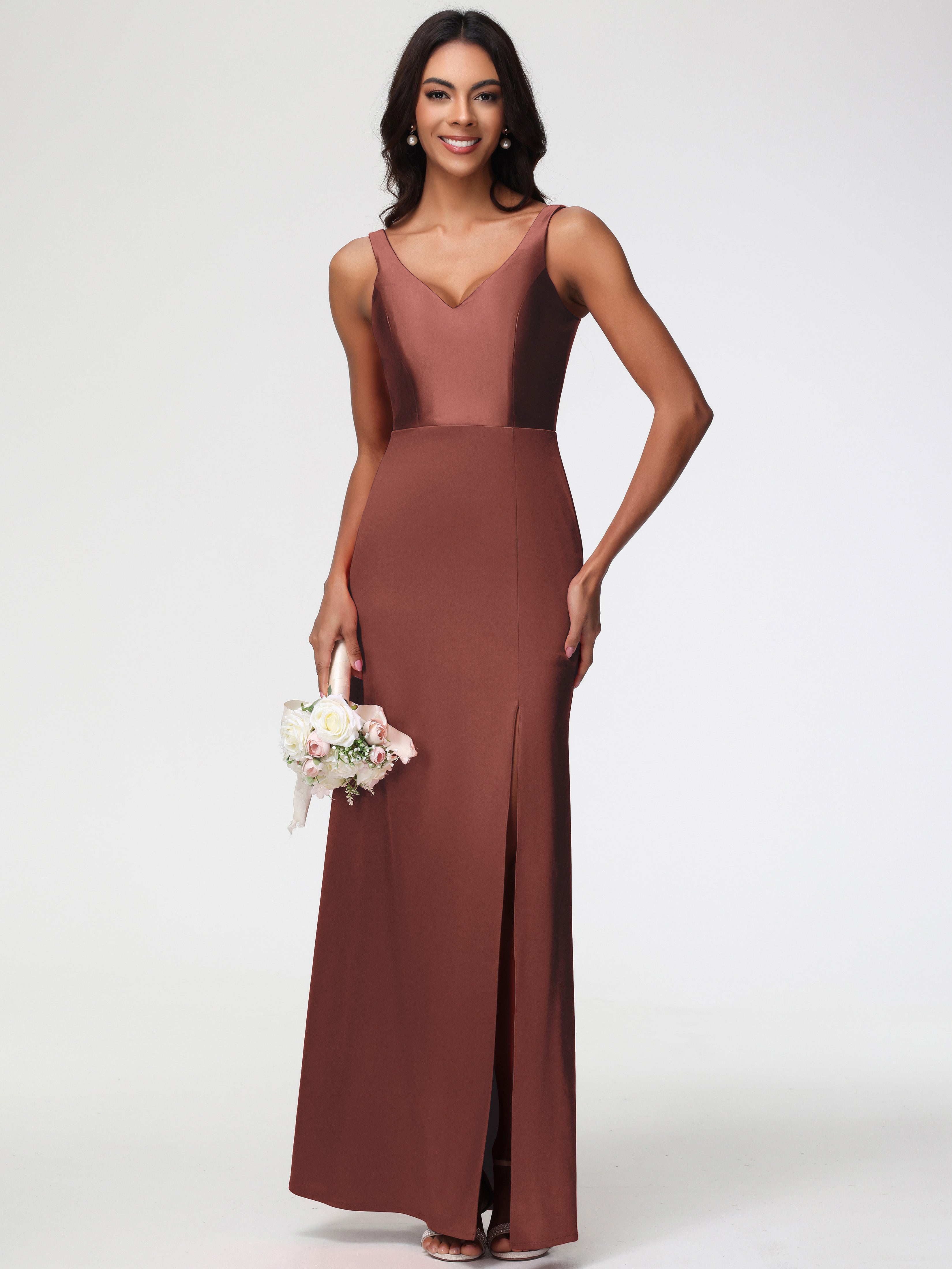 Rouille Robe Demoiselle D Honneur Terracotta Col V Fourreau/Colonne Satin Extensible Fendue Robe De Demoiselle D'Honneur