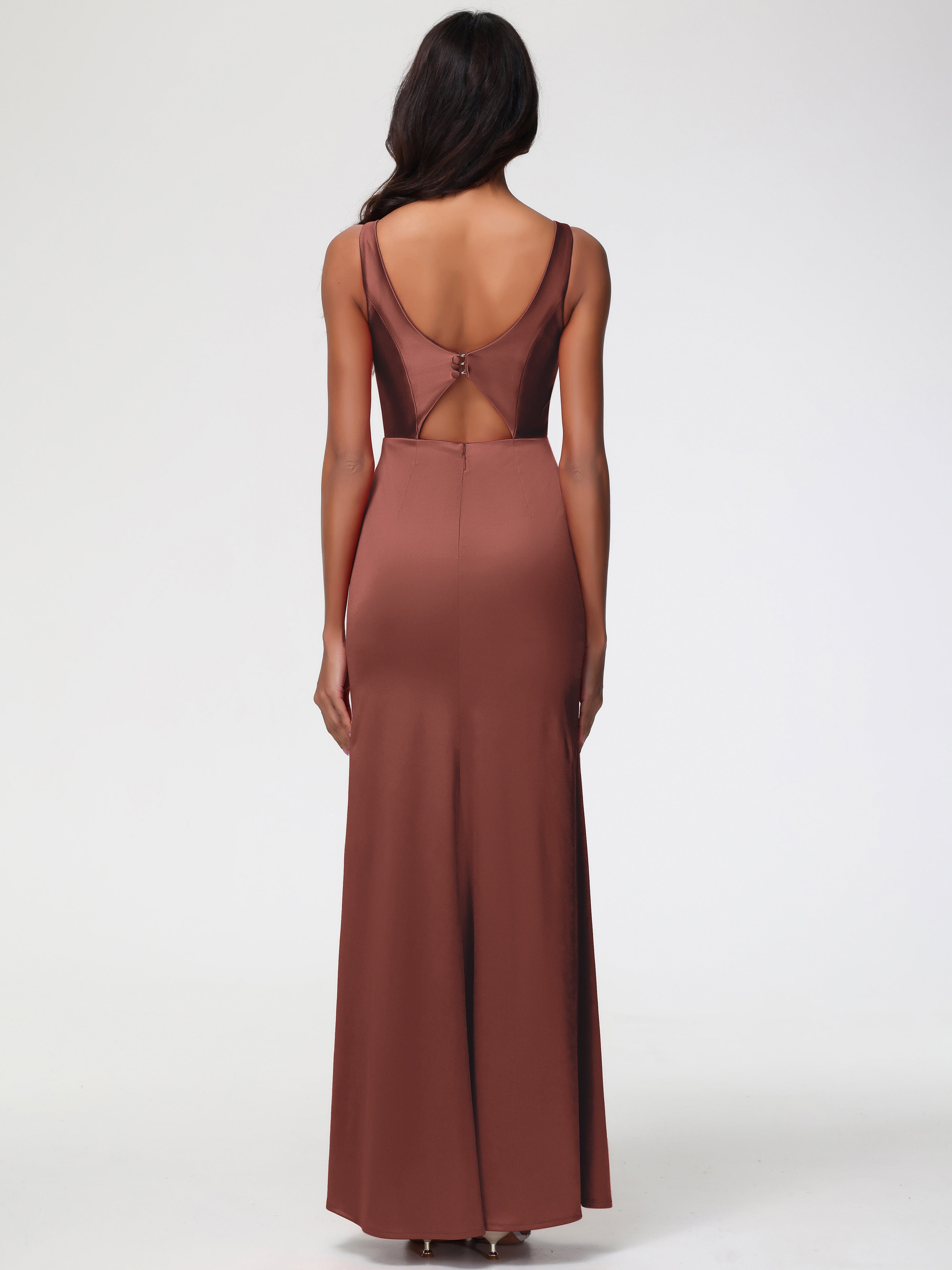 Rouille Robe Demoiselle D Honneur Terracotta Col V Fourreau/Colonne Satin Extensible Fendue Robe De Demoiselle D'Honneur