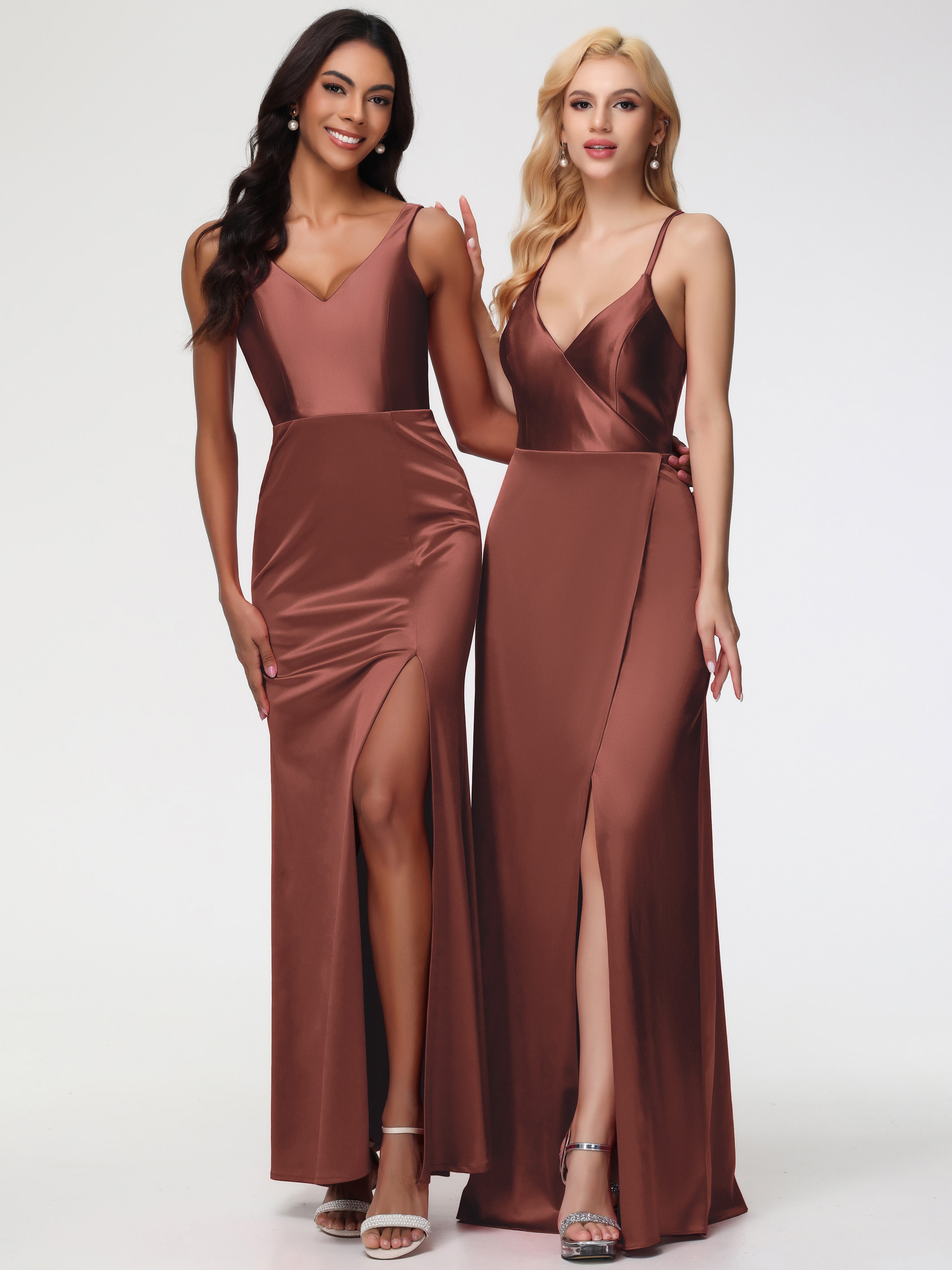 Rouille Robe Demoiselle D Honneur Terracotta Col V Fourreau/Colonne Satin Extensible Fendue Robe De Demoiselle D'Honneur