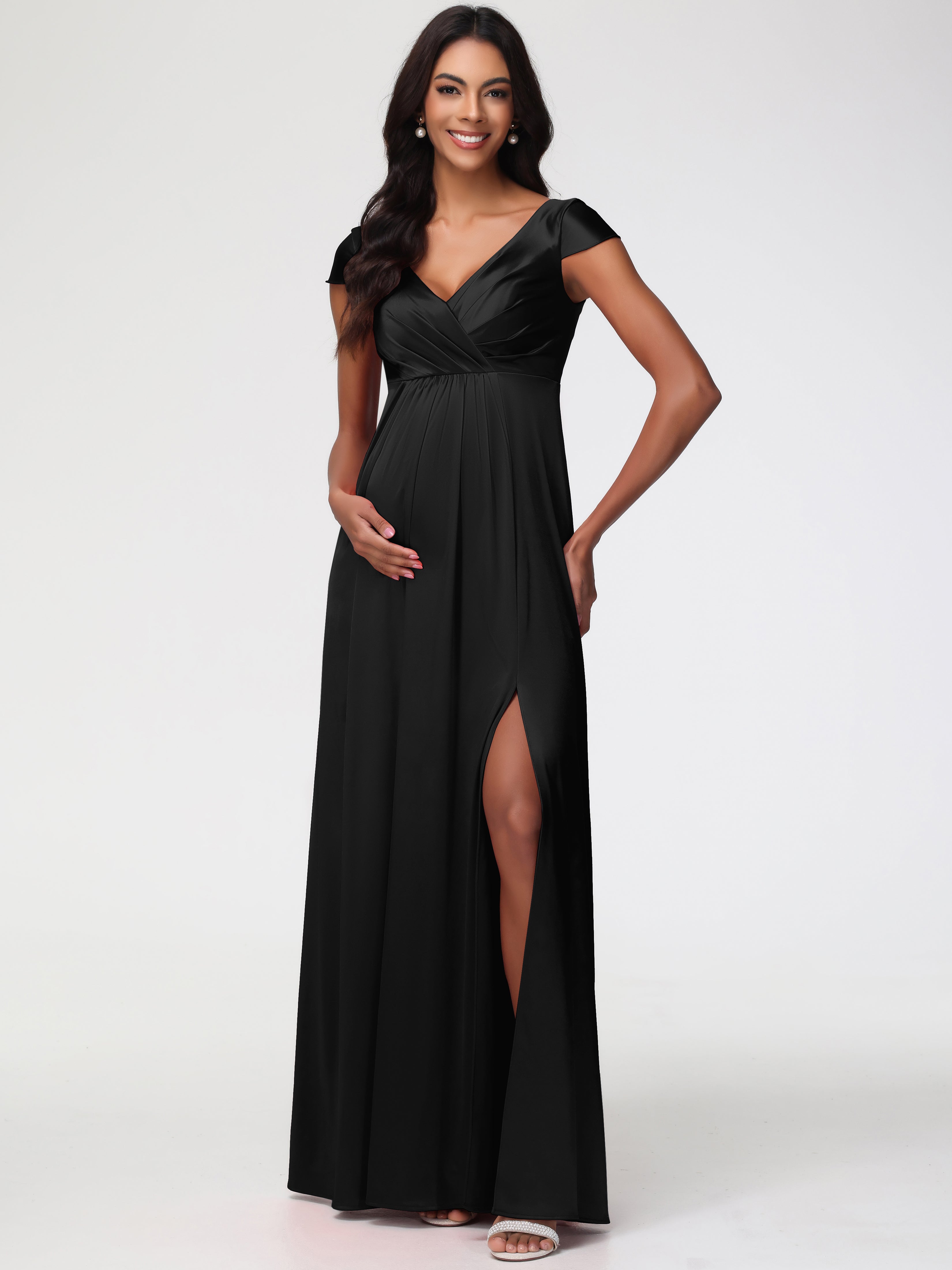 Robe Noir Demoiselle D Honneur Col V Satin Extensible Robe Demoiselle D Honneur Manche Courte