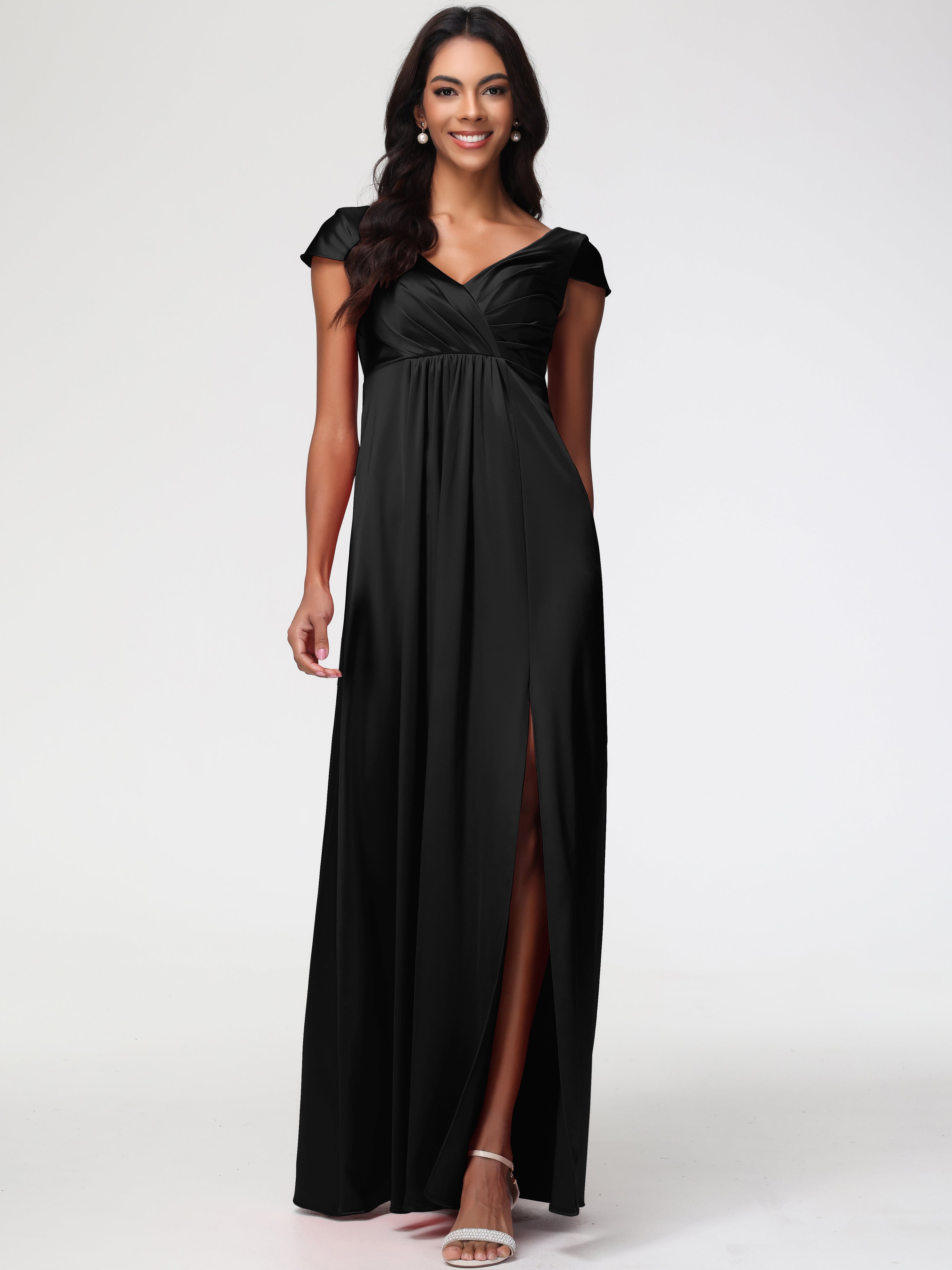 Robe Noir Demoiselle D Honneur Col V Satin Extensible Robe Demoiselle D Honneur Manche Courte