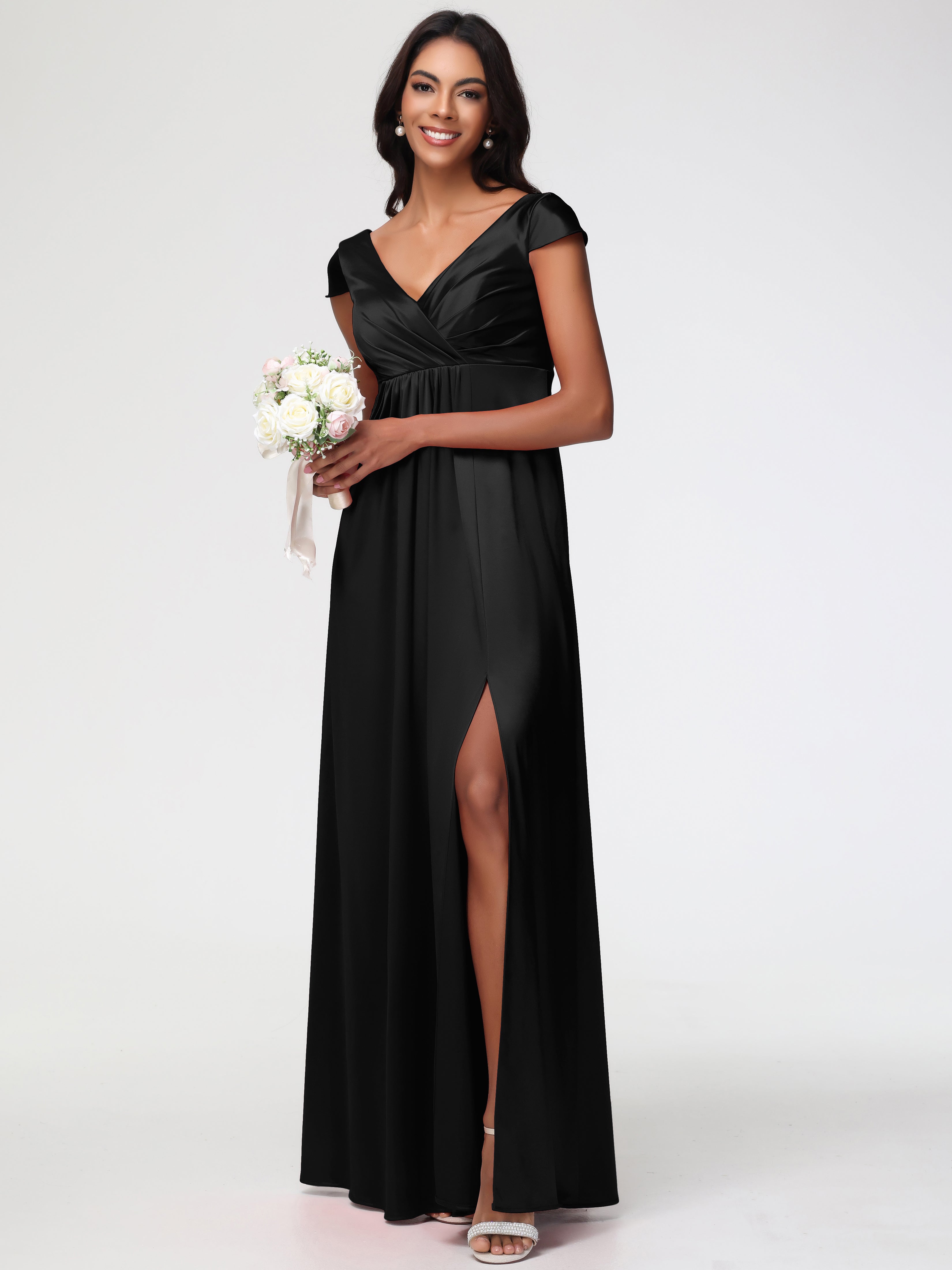 Robe Noir Demoiselle D Honneur Col V Satin Extensible Robe Demoiselle D Honneur Manche Courte