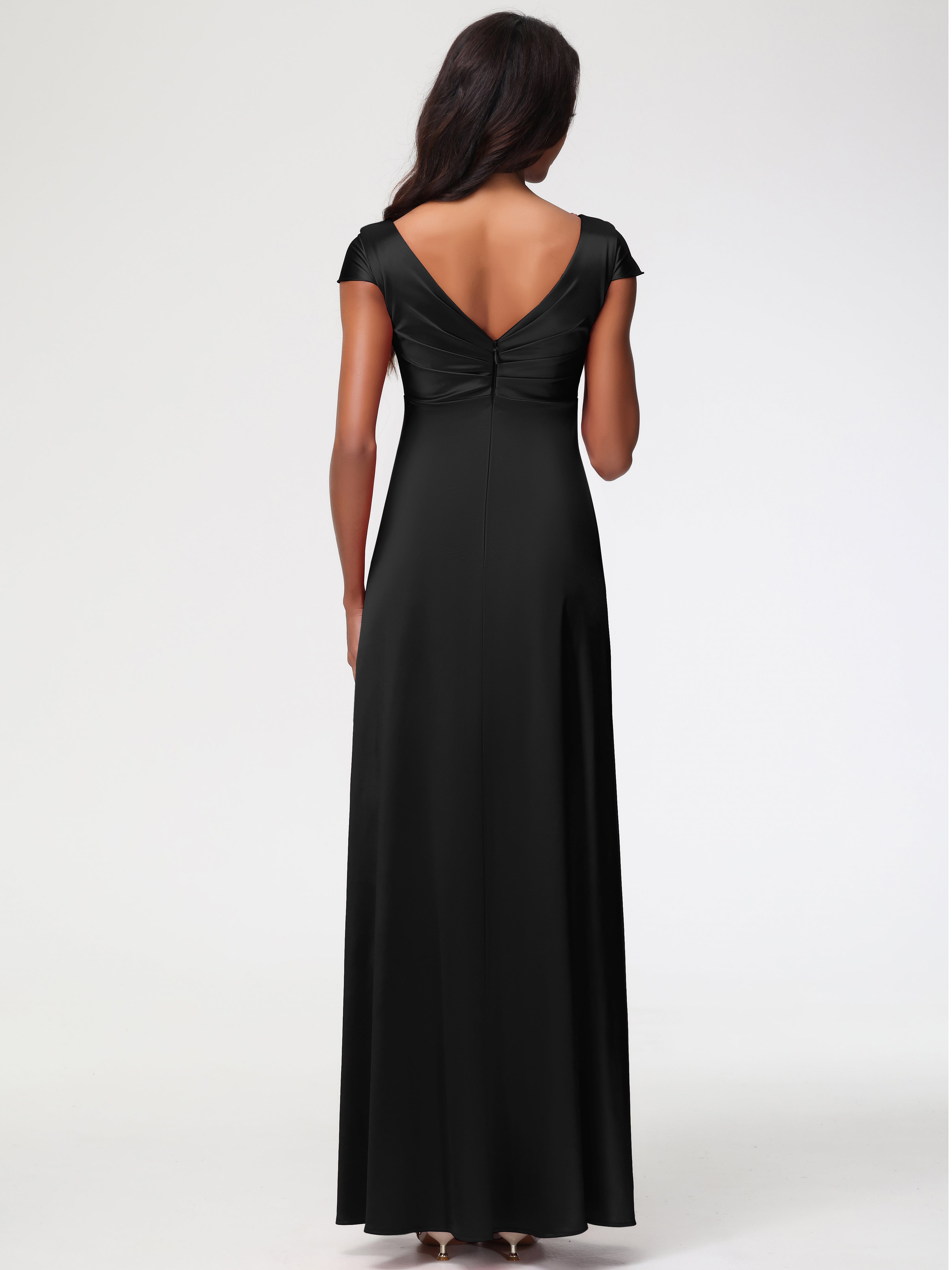 Robe Noir Demoiselle D Honneur Col V Satin Extensible Robe Demoiselle D Honneur Manche Courte