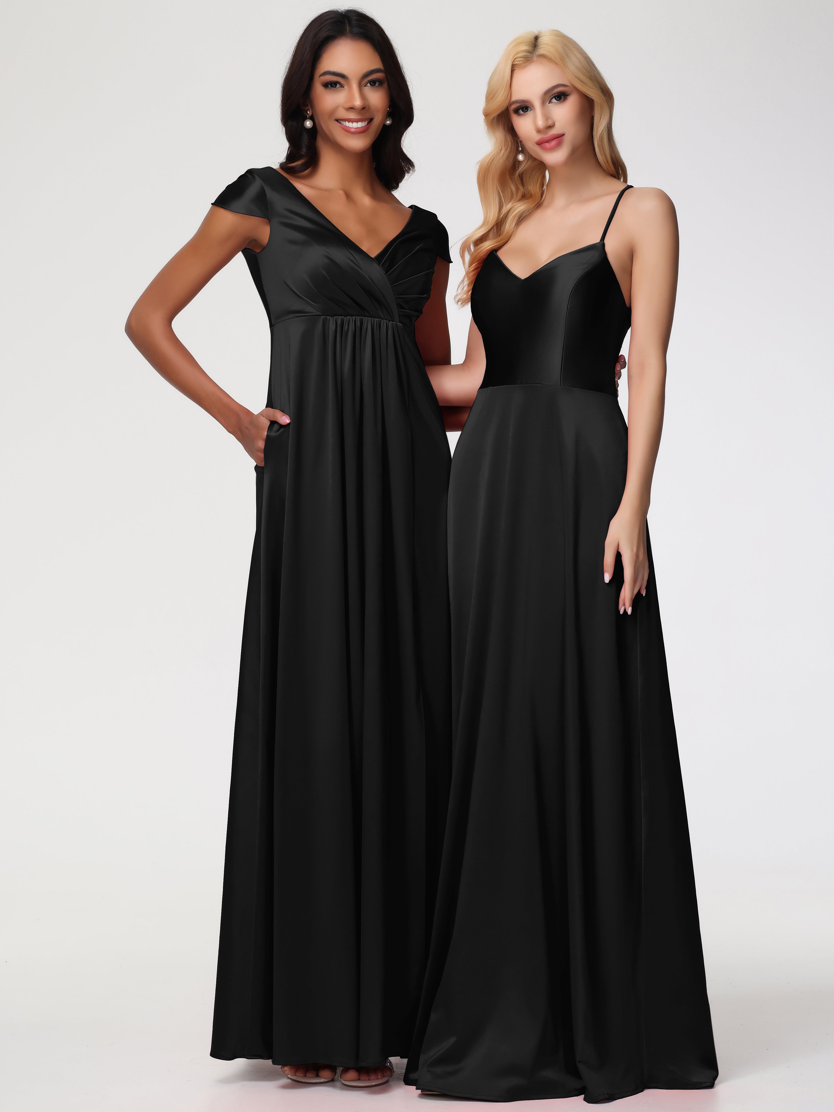 Robe Noir Demoiselle D Honneur Col V Satin Extensible Robe Demoiselle D Honneur Manche Courte