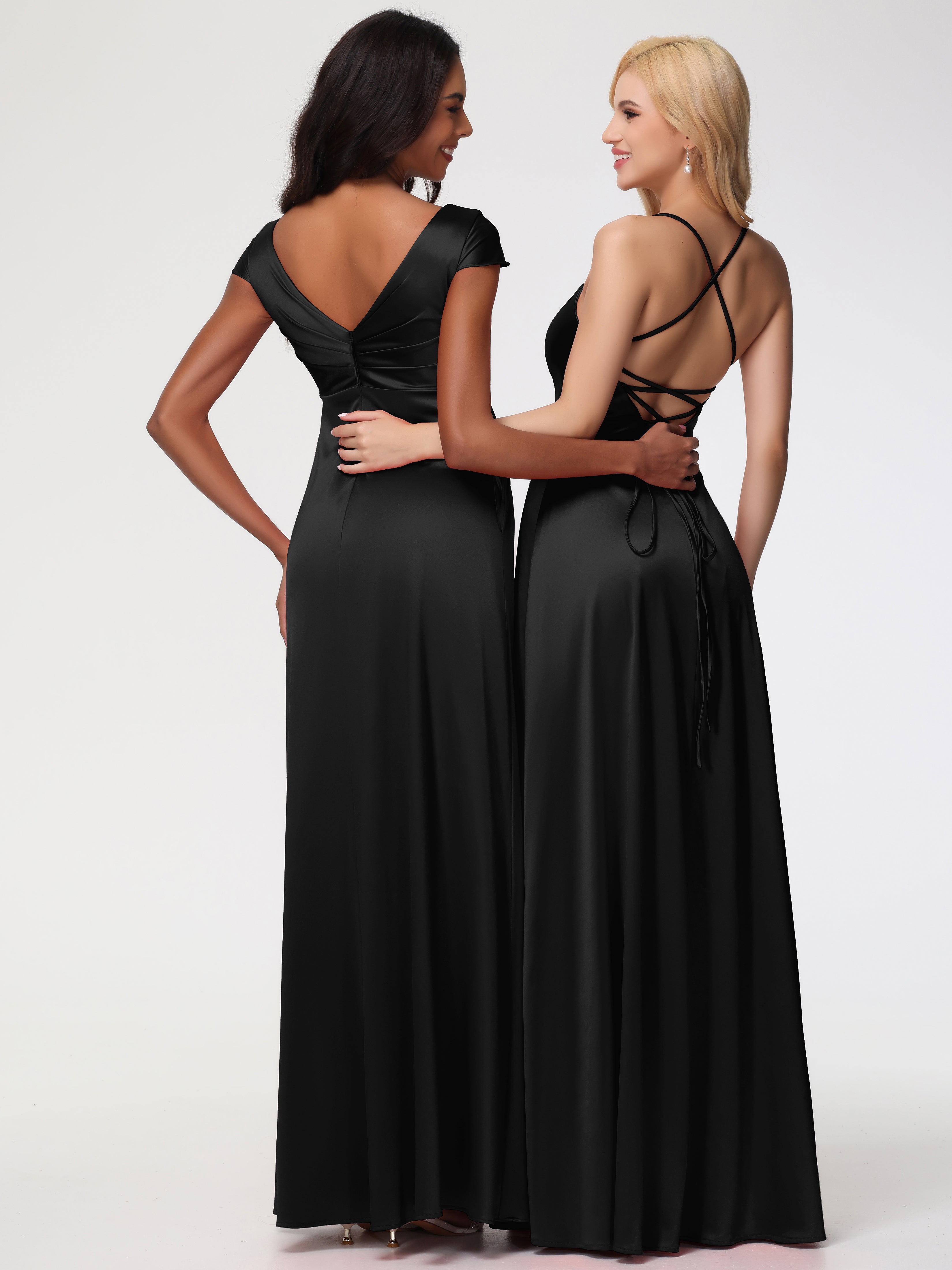Robe Noir Demoiselle D Honneur Col V Satin Extensible Robe Demoiselle D Honneur Manche Courte