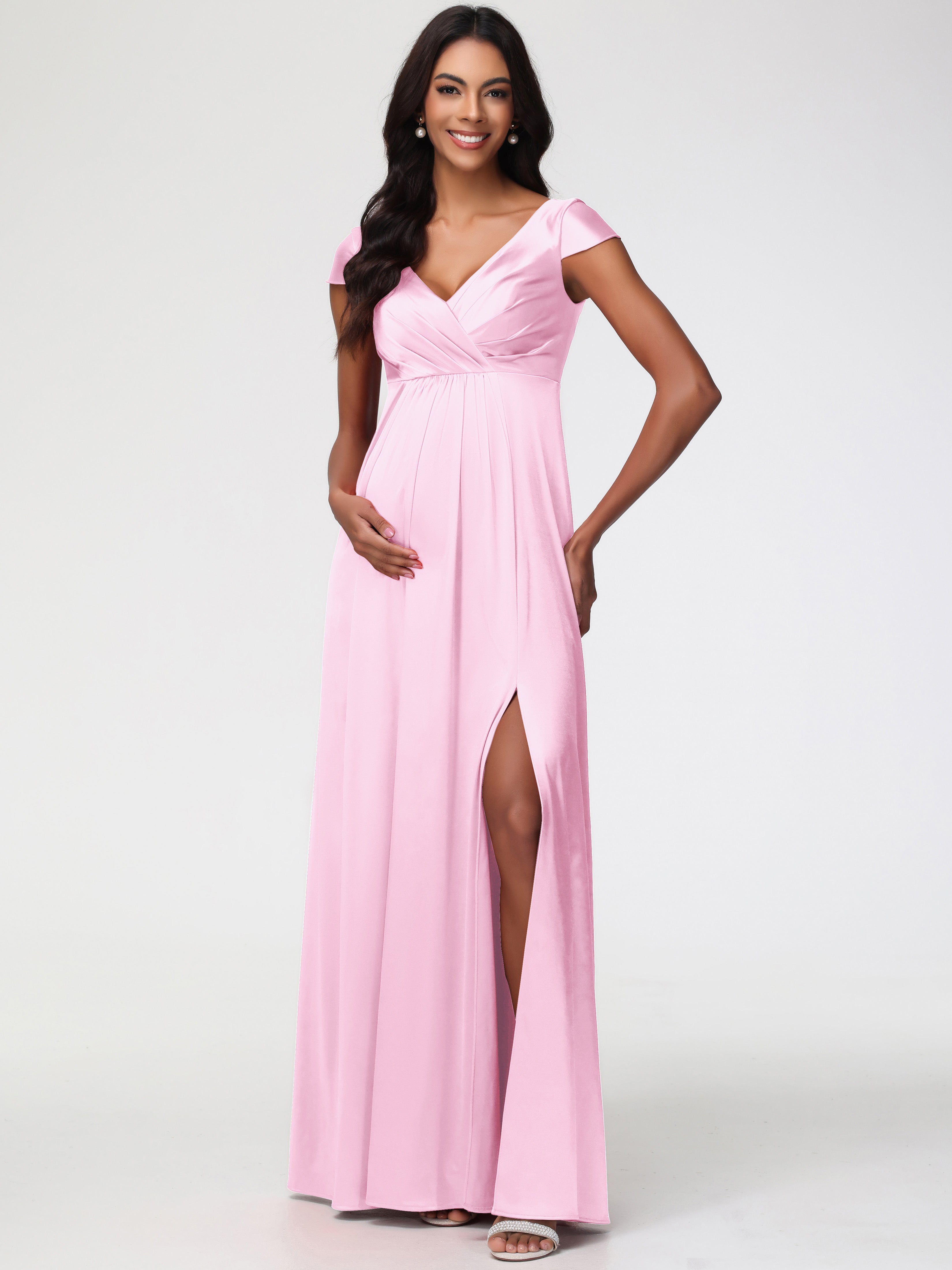 Demoiselle D Honneur Rose Pale Col V Satin Extensible Robe Demoiselle D Honneur Manche Courte