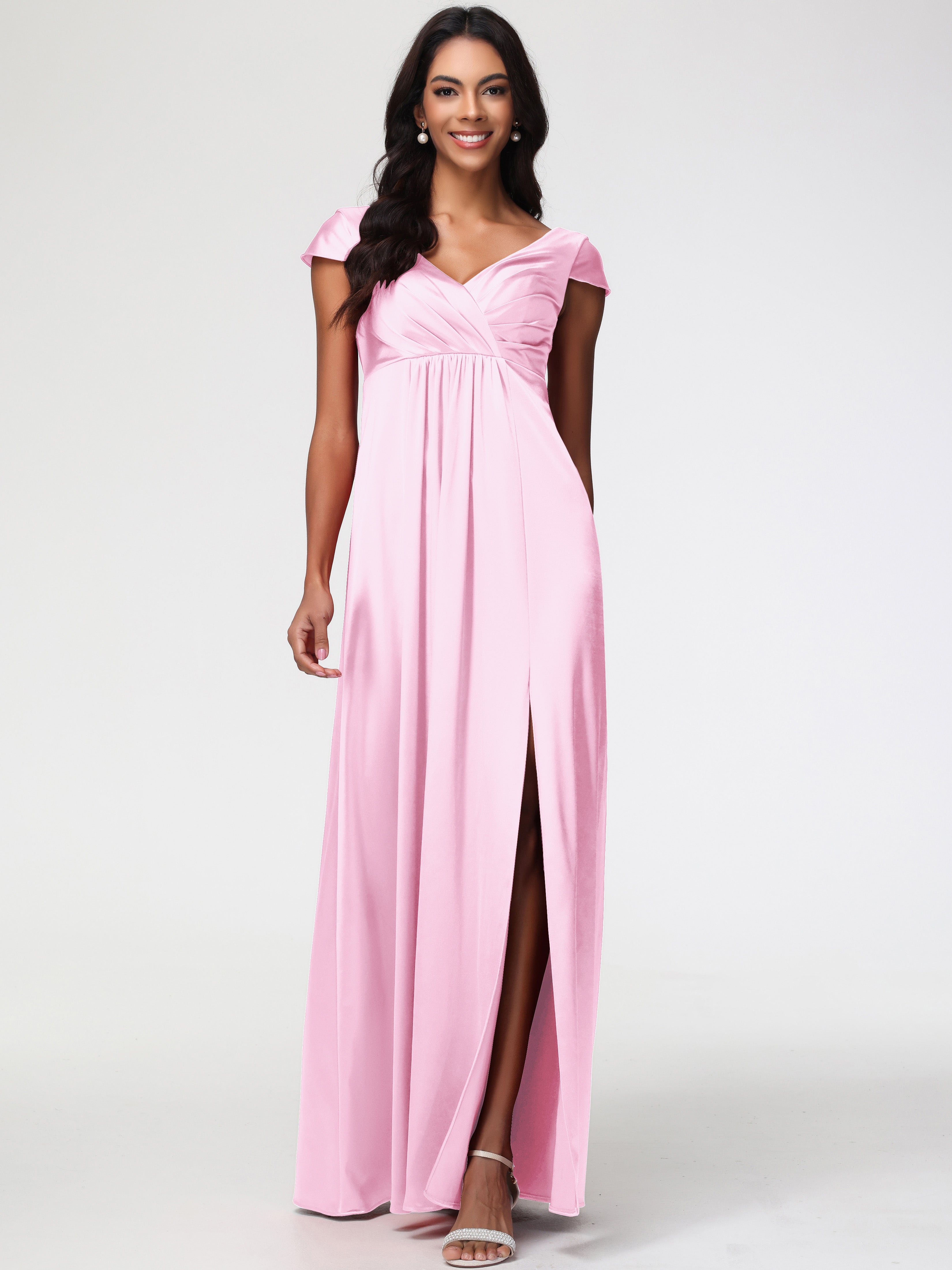 Demoiselle D Honneur Rose Pale Col V Satin Extensible Robe Demoiselle D Honneur Manche Courte