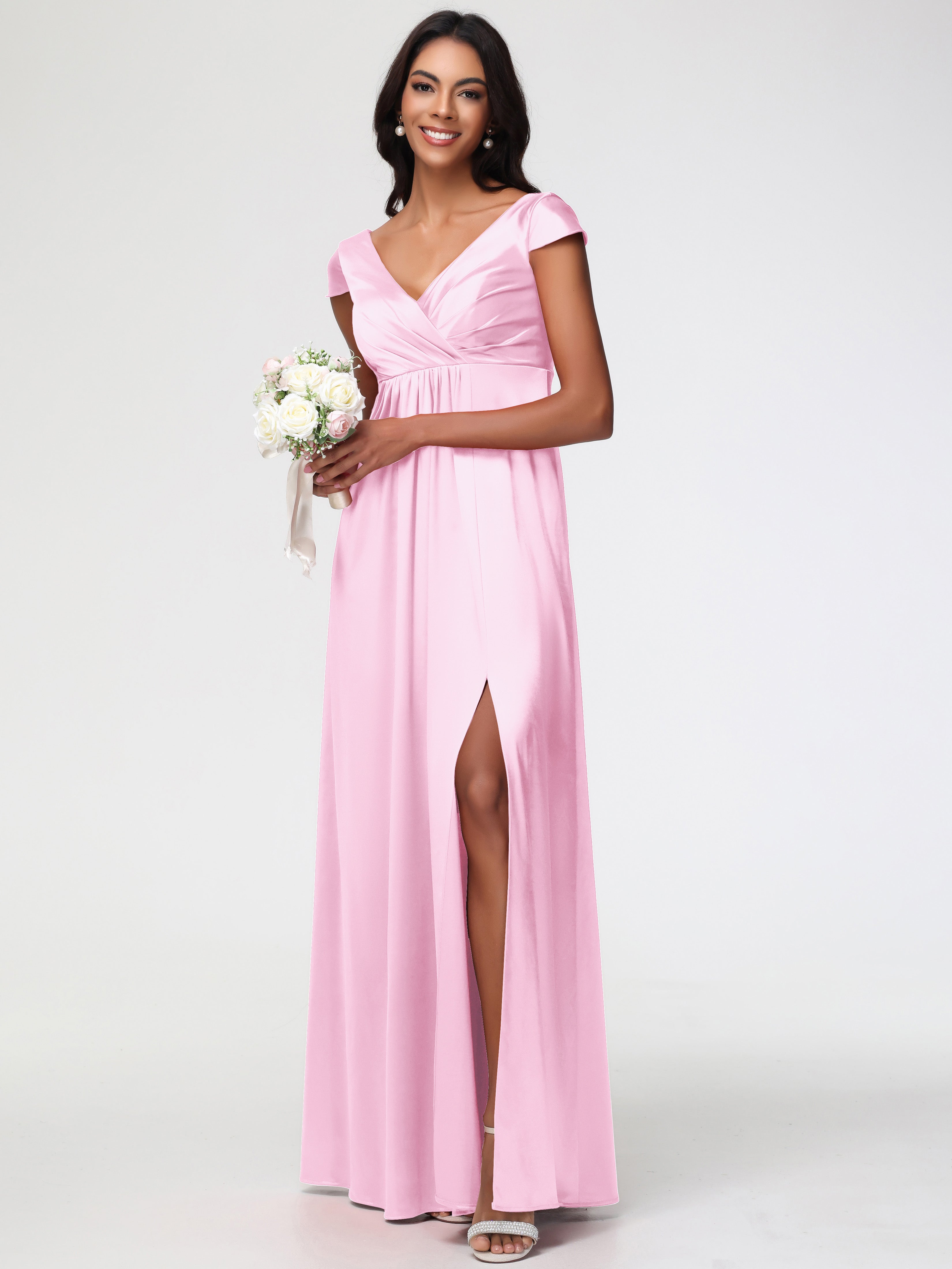 Demoiselle D Honneur Rose Pale Col V Satin Extensible Robe Demoiselle D Honneur Manche Courte
