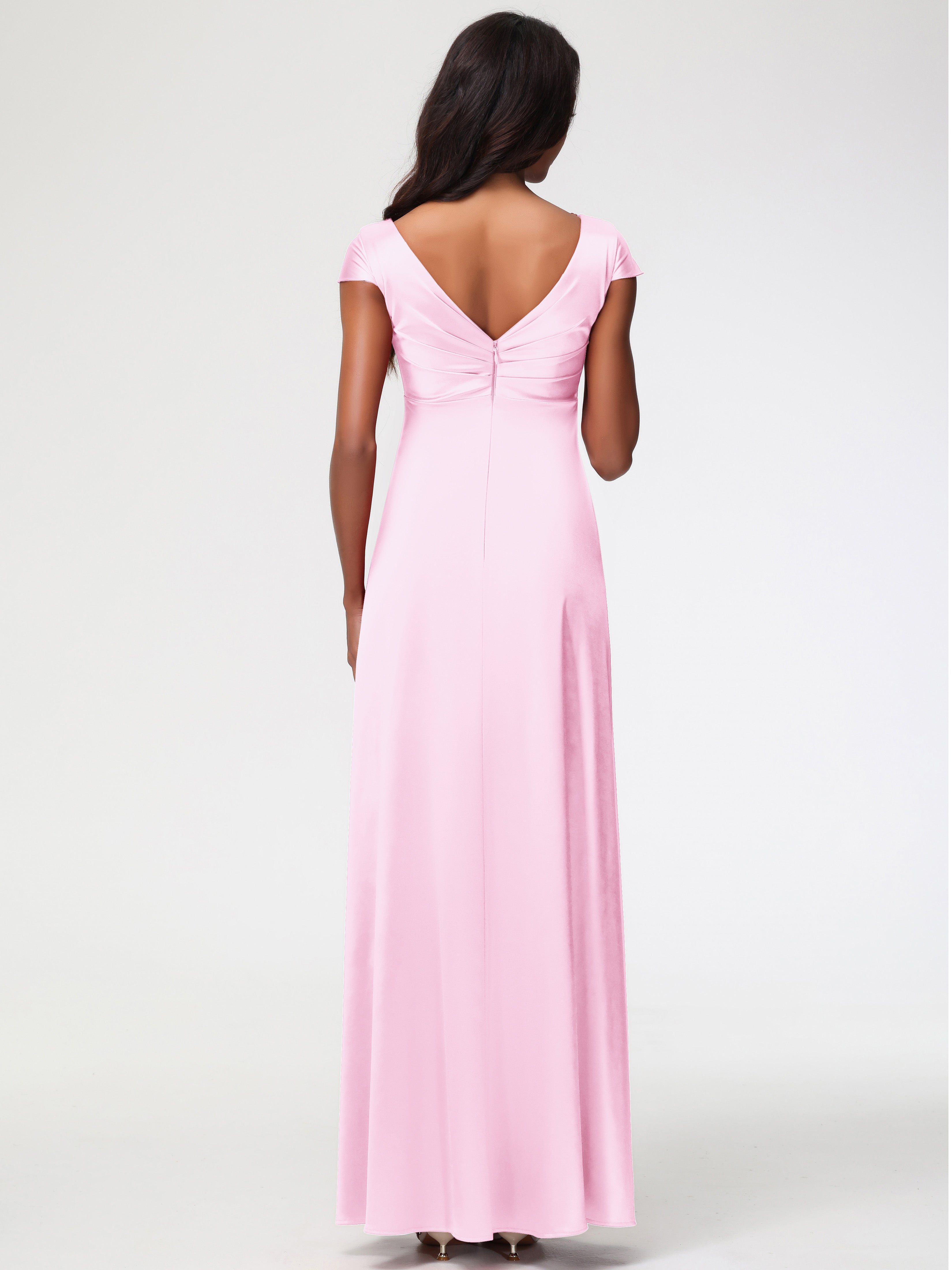 Demoiselle D Honneur Rose Pale Col V Satin Extensible Robe Demoiselle D Honneur Manche Courte
