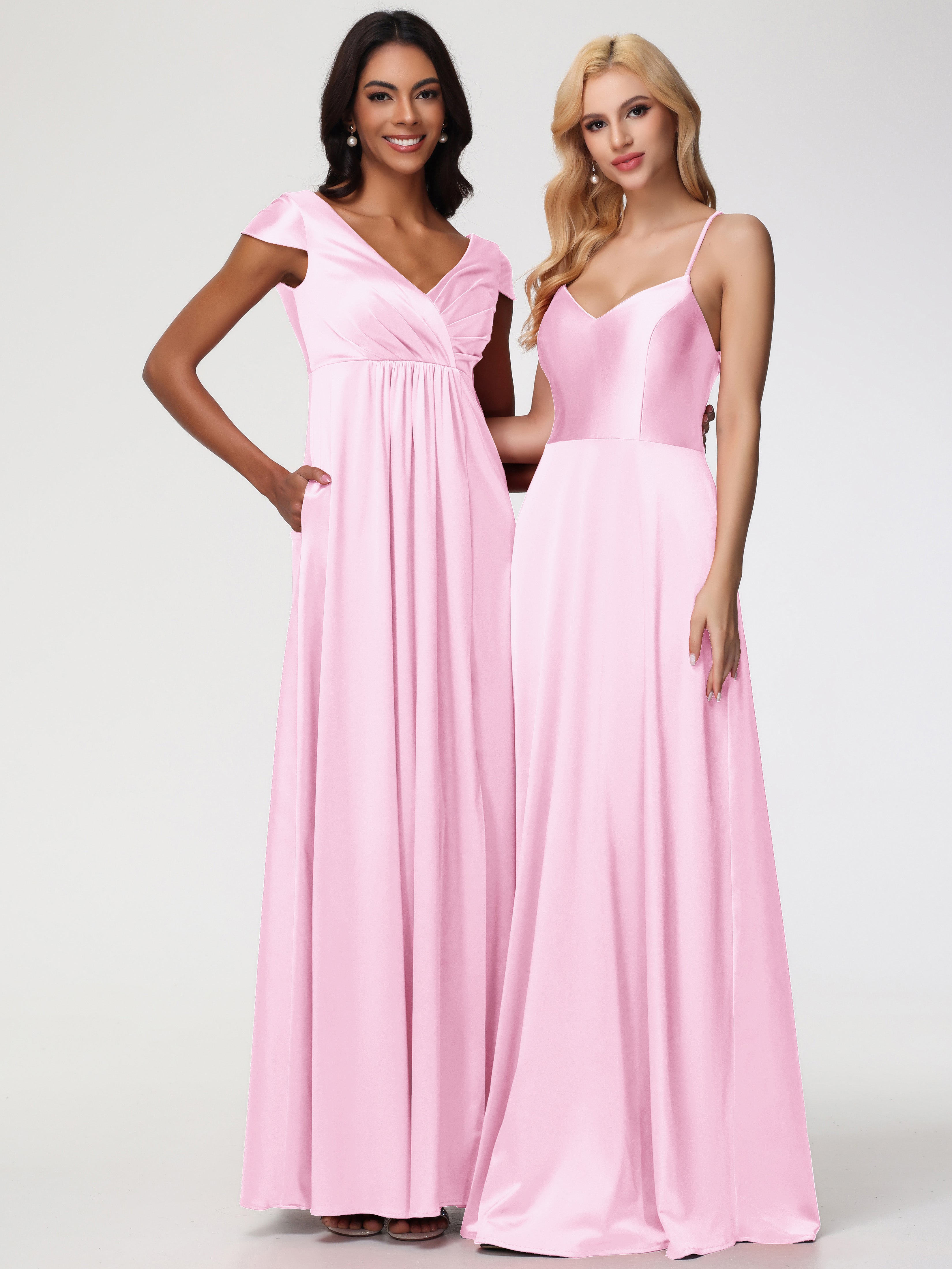 Demoiselle D Honneur Rose Pale Col V Satin Extensible Robe Demoiselle D Honneur Manche Courte
