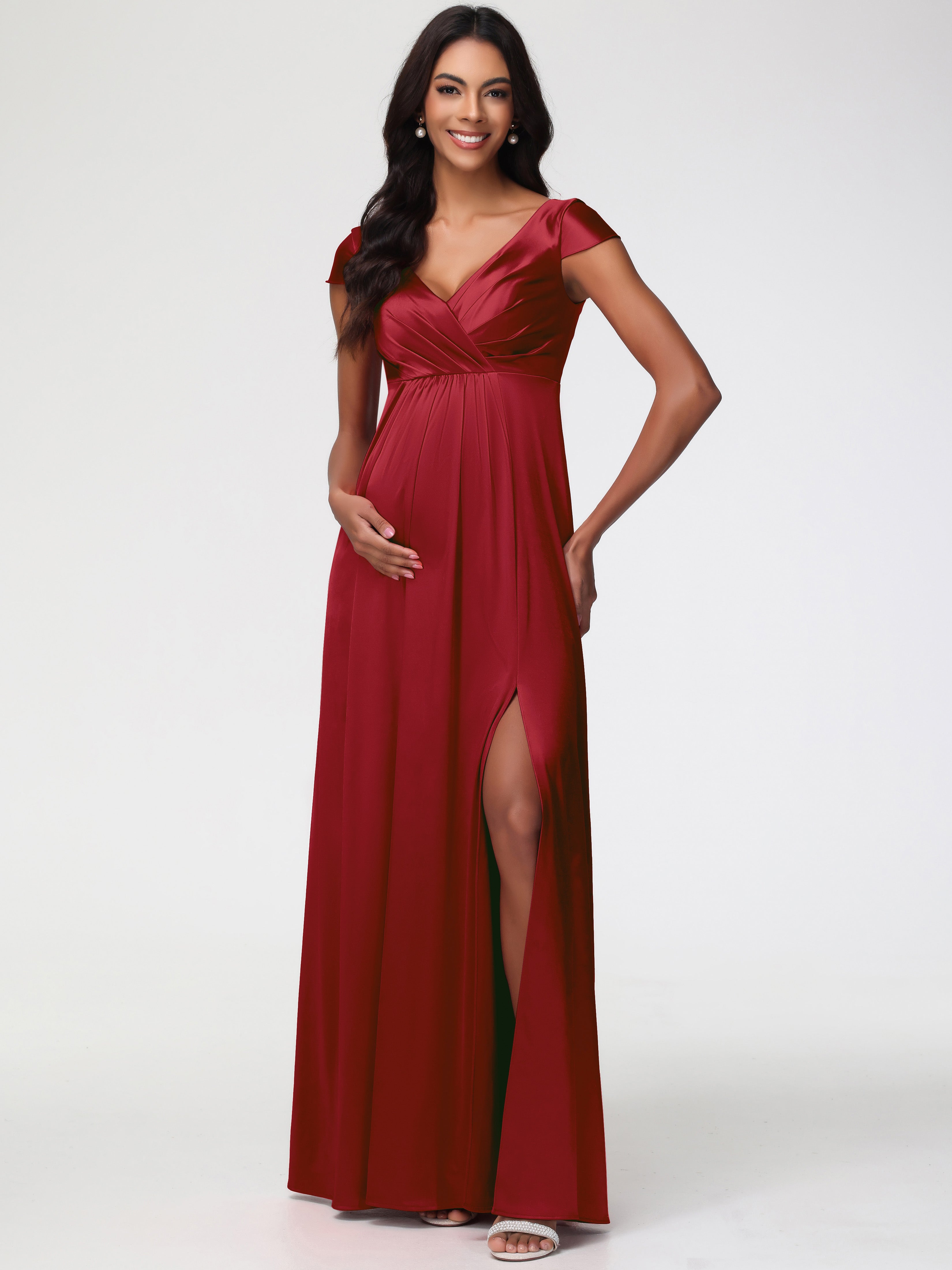 Robes Demoiselle D Honneur Bordeaux Col V Satin Extensible Robe Demoiselle D Honneur Manche Courte