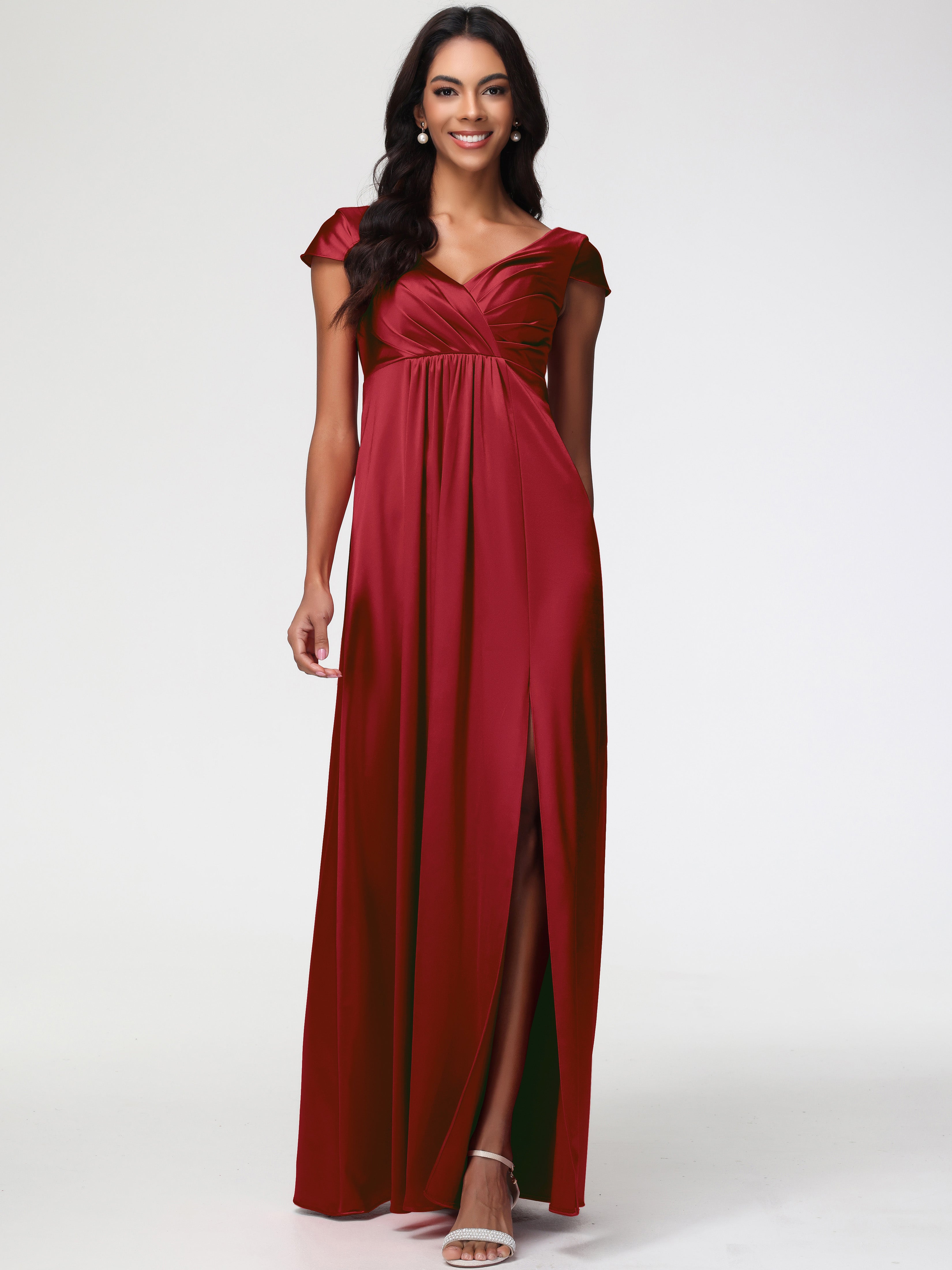 Robes Demoiselle D Honneur Bordeaux Col V Satin Extensible Robe Demoiselle D Honneur Manche Courte