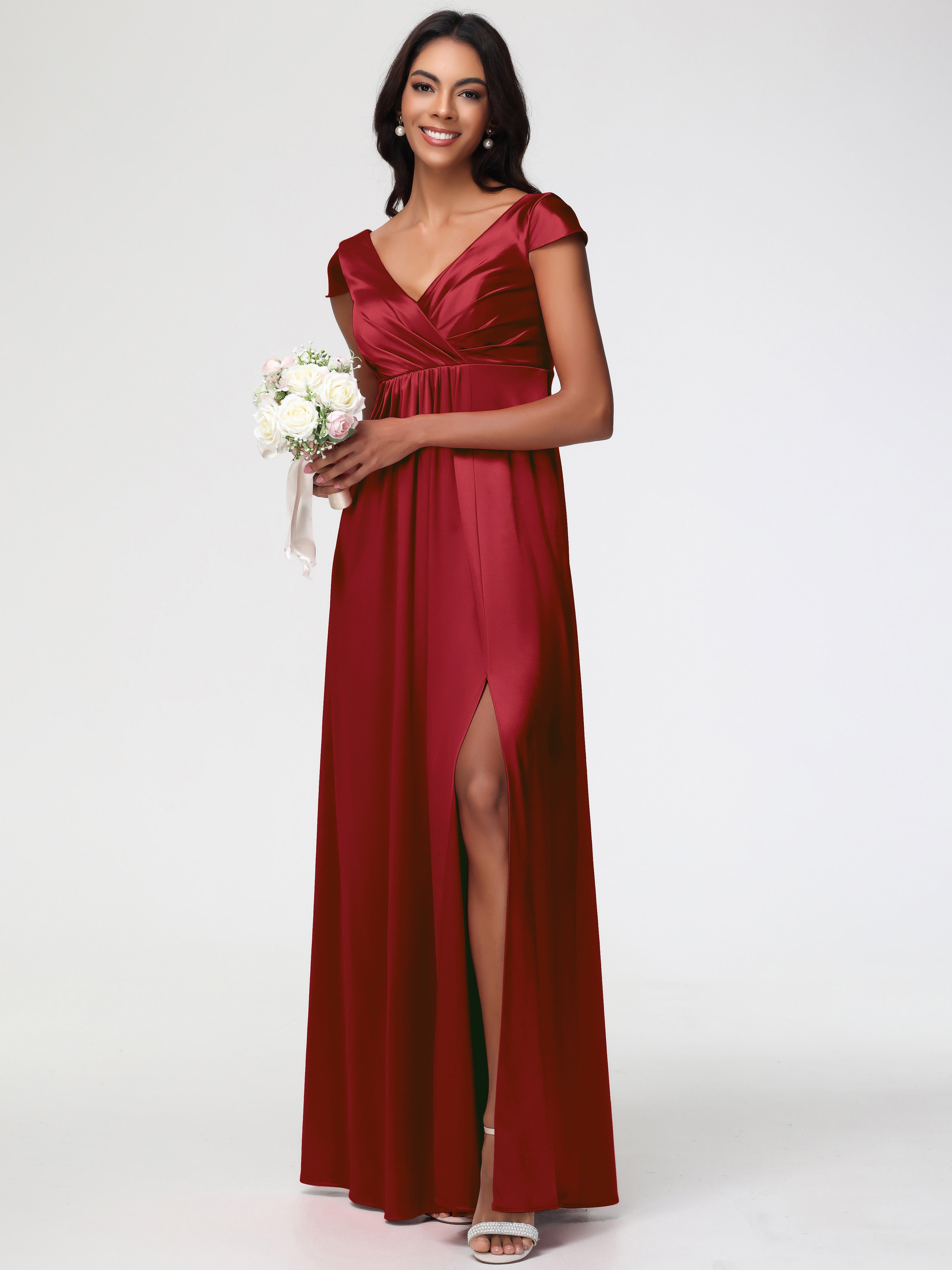 Robes Demoiselle D Honneur Bordeaux Col V Satin Extensible Robe Demoiselle D Honneur Manche Courte