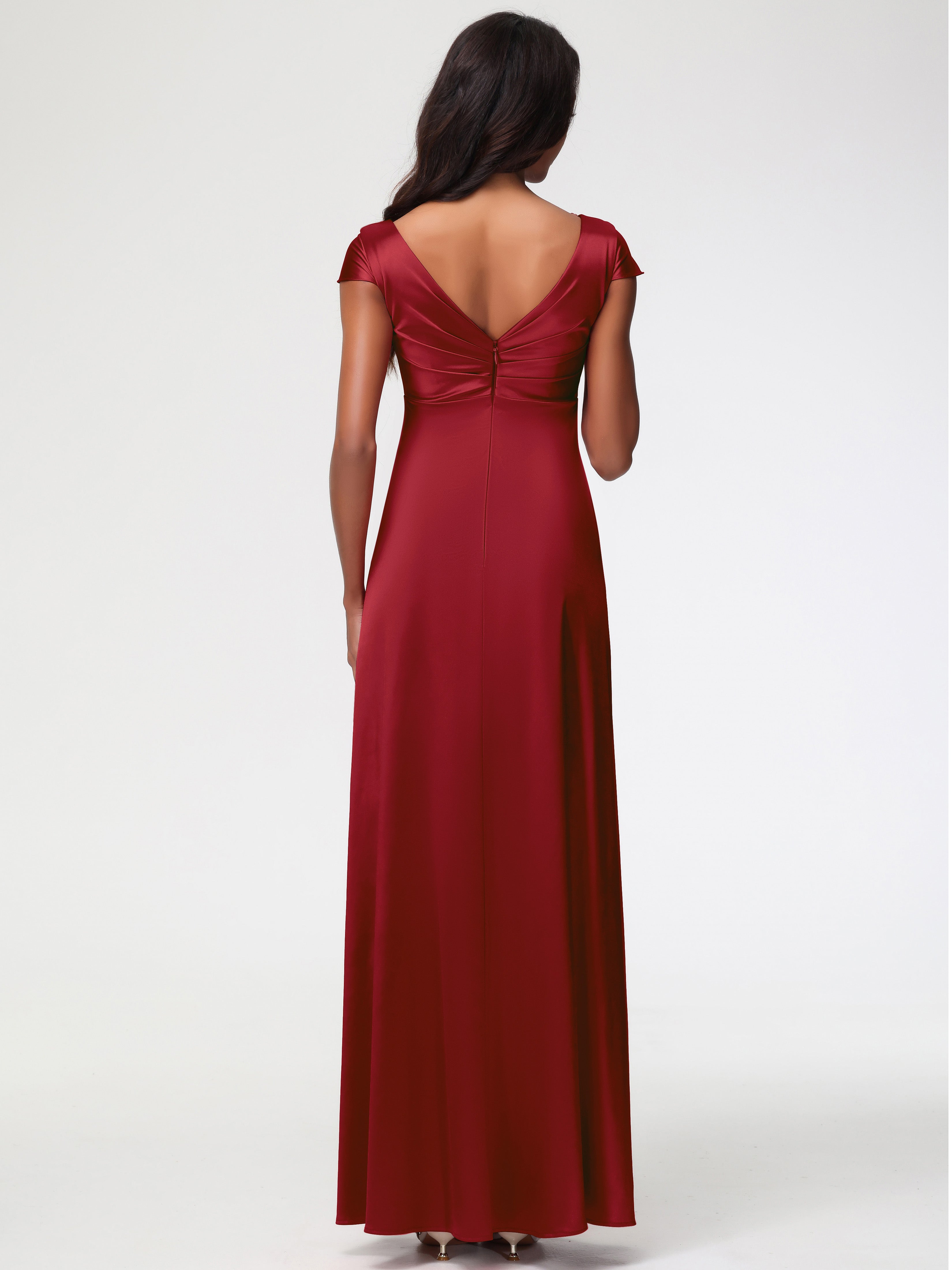 Robes Demoiselle D Honneur Bordeaux Col V Satin Extensible Robe Demoiselle D Honneur Manche Courte