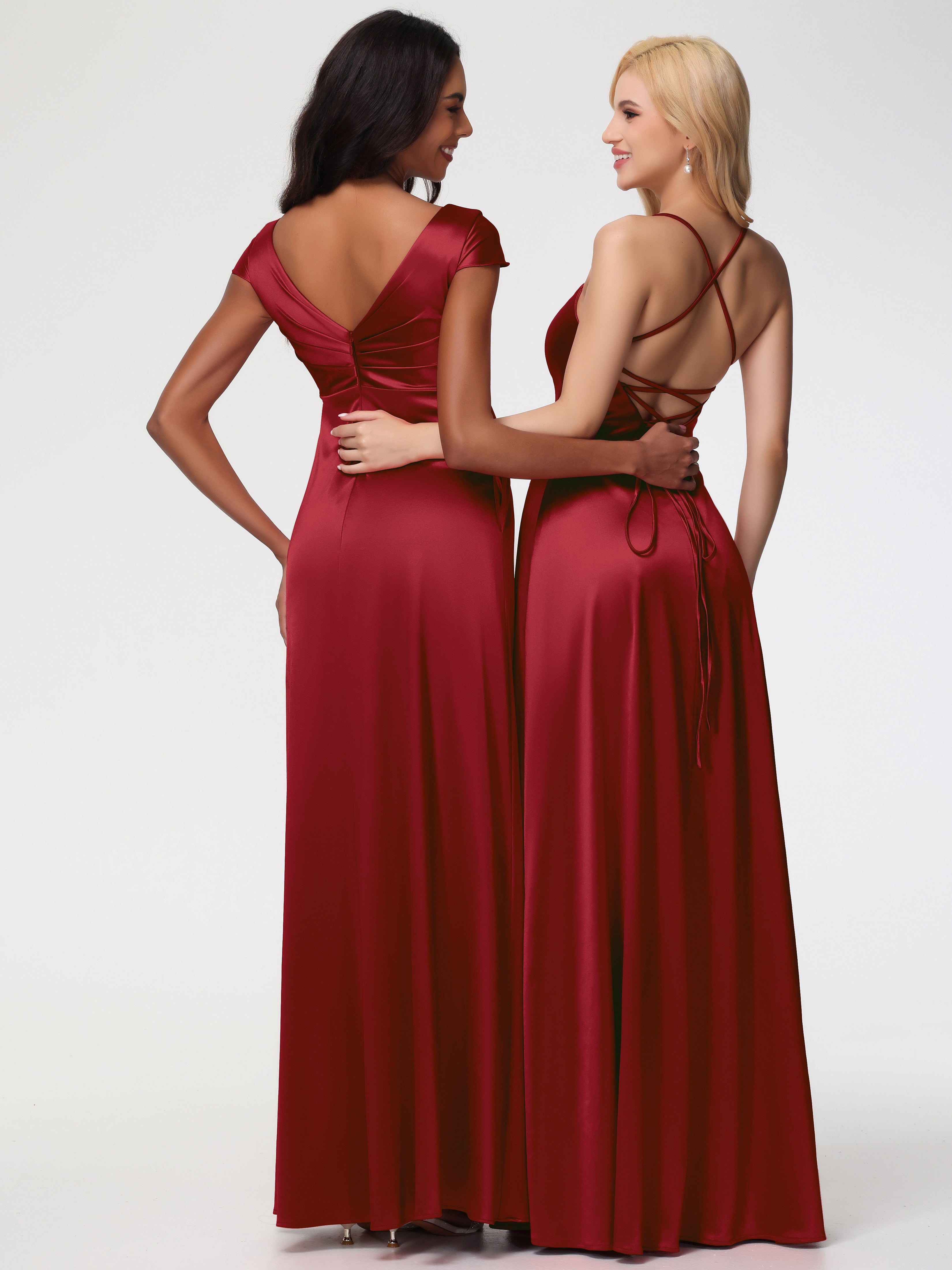 Robes Demoiselle D Honneur Bordeaux Col V Satin Extensible Robe Demoiselle D Honneur Manche Courte