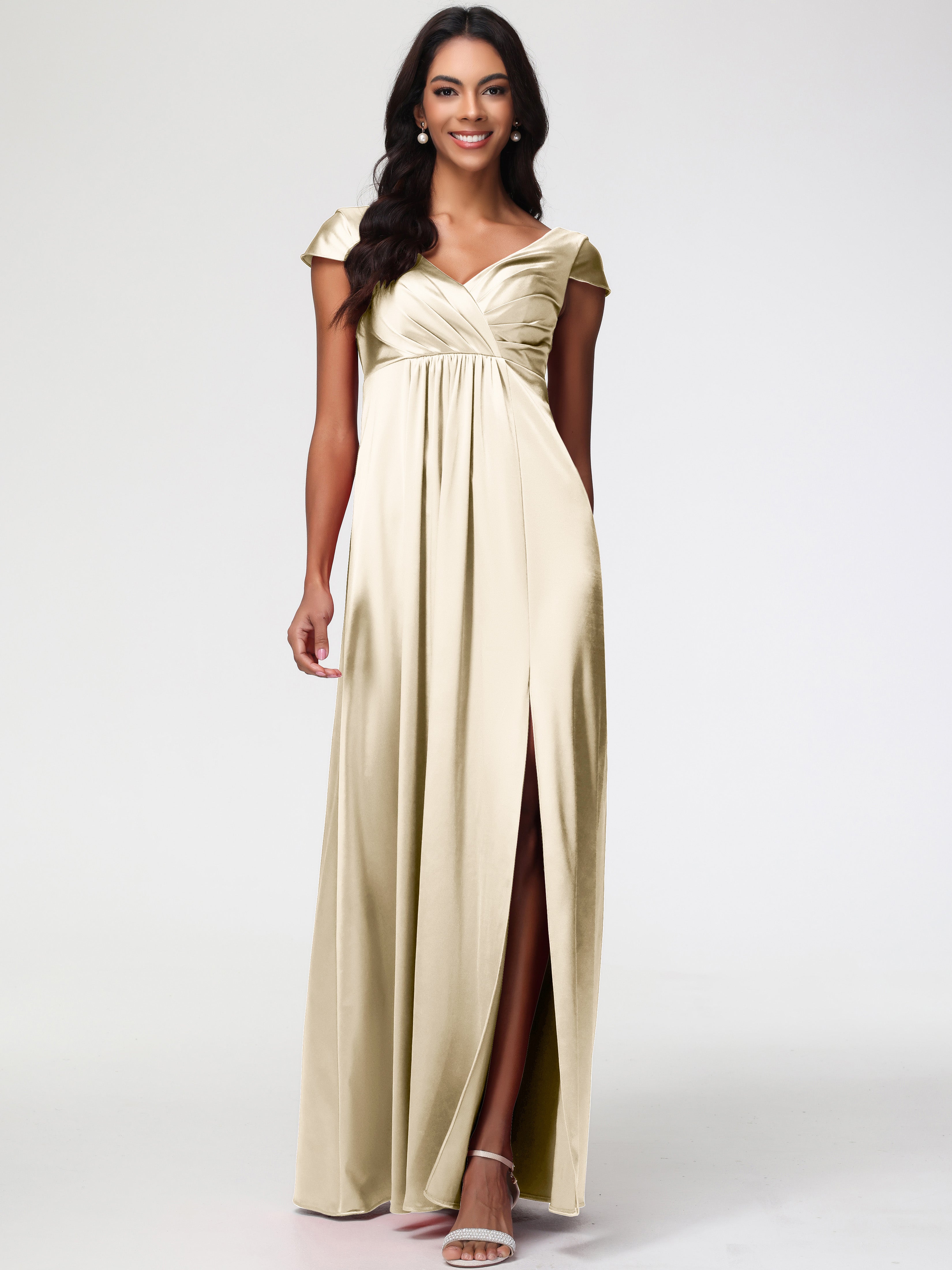 Robe Couleur Champagne Demoiselle D Honneur Col V Satin Extensible Robe Demoiselle D Honneur Manche Courte