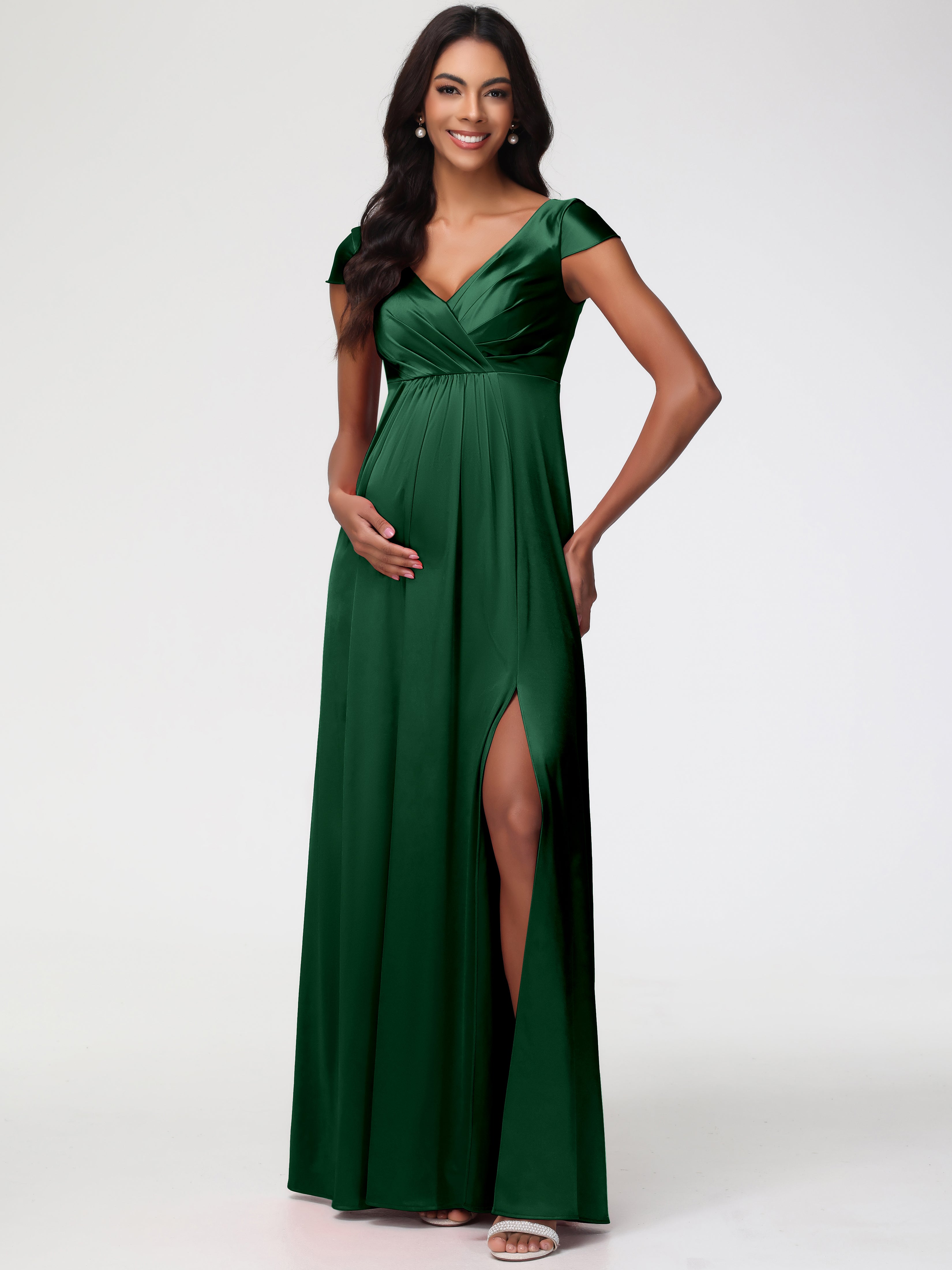 Robe Demoiselle D Honneur Vert Foncé Col V Satin Extensible Robe Demoiselle D Honneur Manche Courte