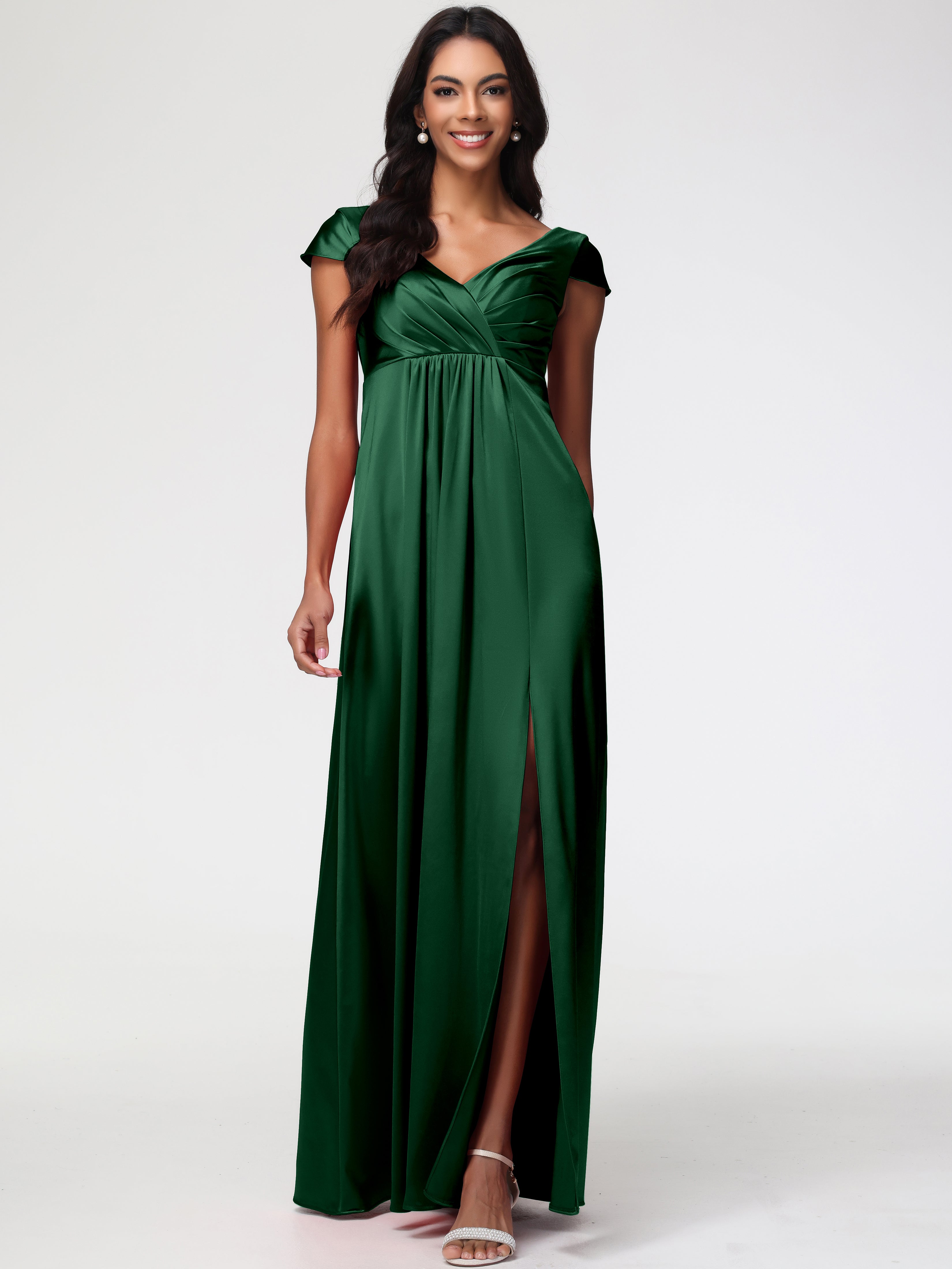 Robe Demoiselle D Honneur Vert Foncé Col V Satin Extensible Robe Demoiselle D Honneur Manche Courte