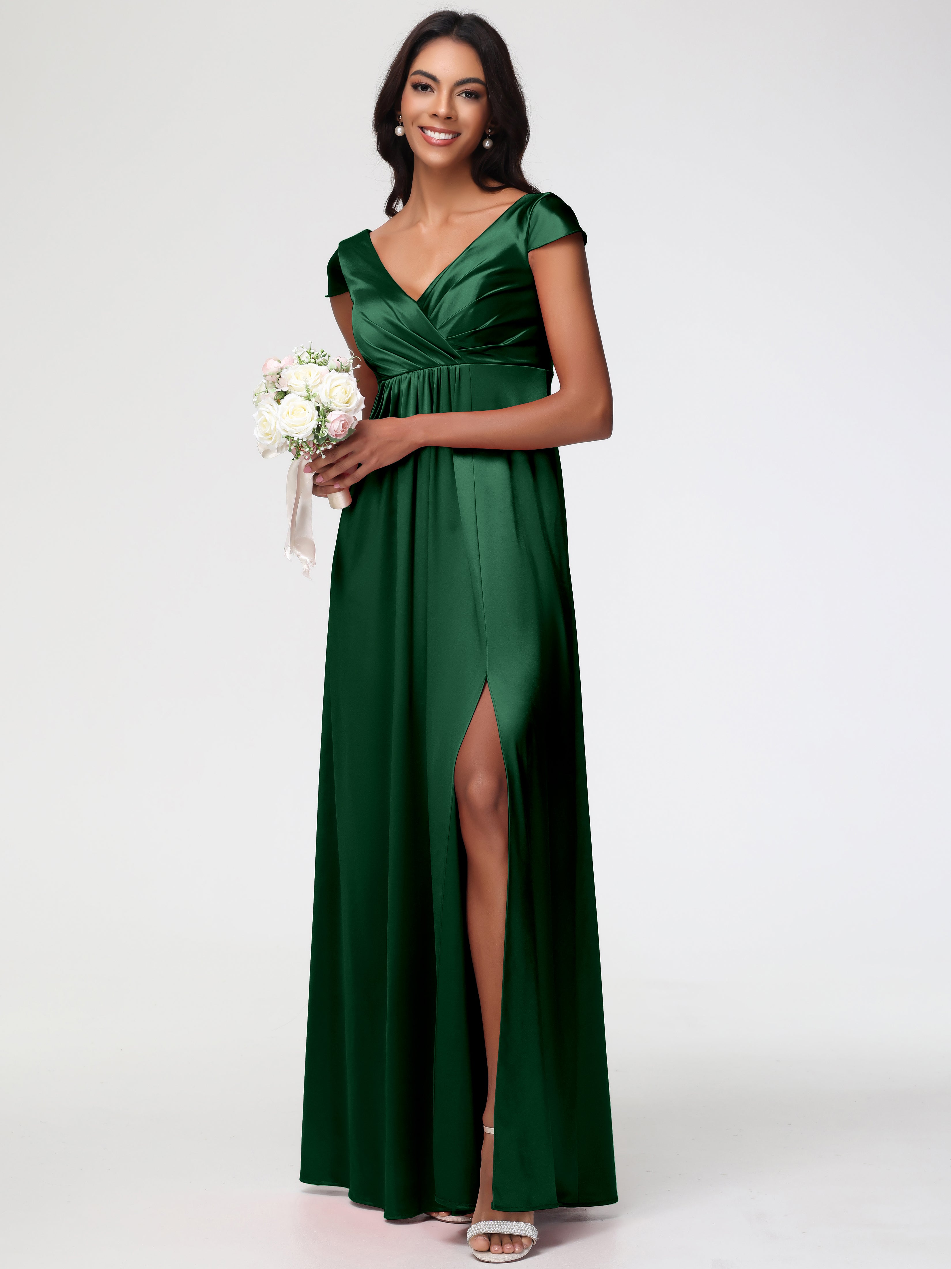 Robe Demoiselle D Honneur Vert Foncé Col V Satin Extensible Robe Demoiselle D Honneur Manche Courte