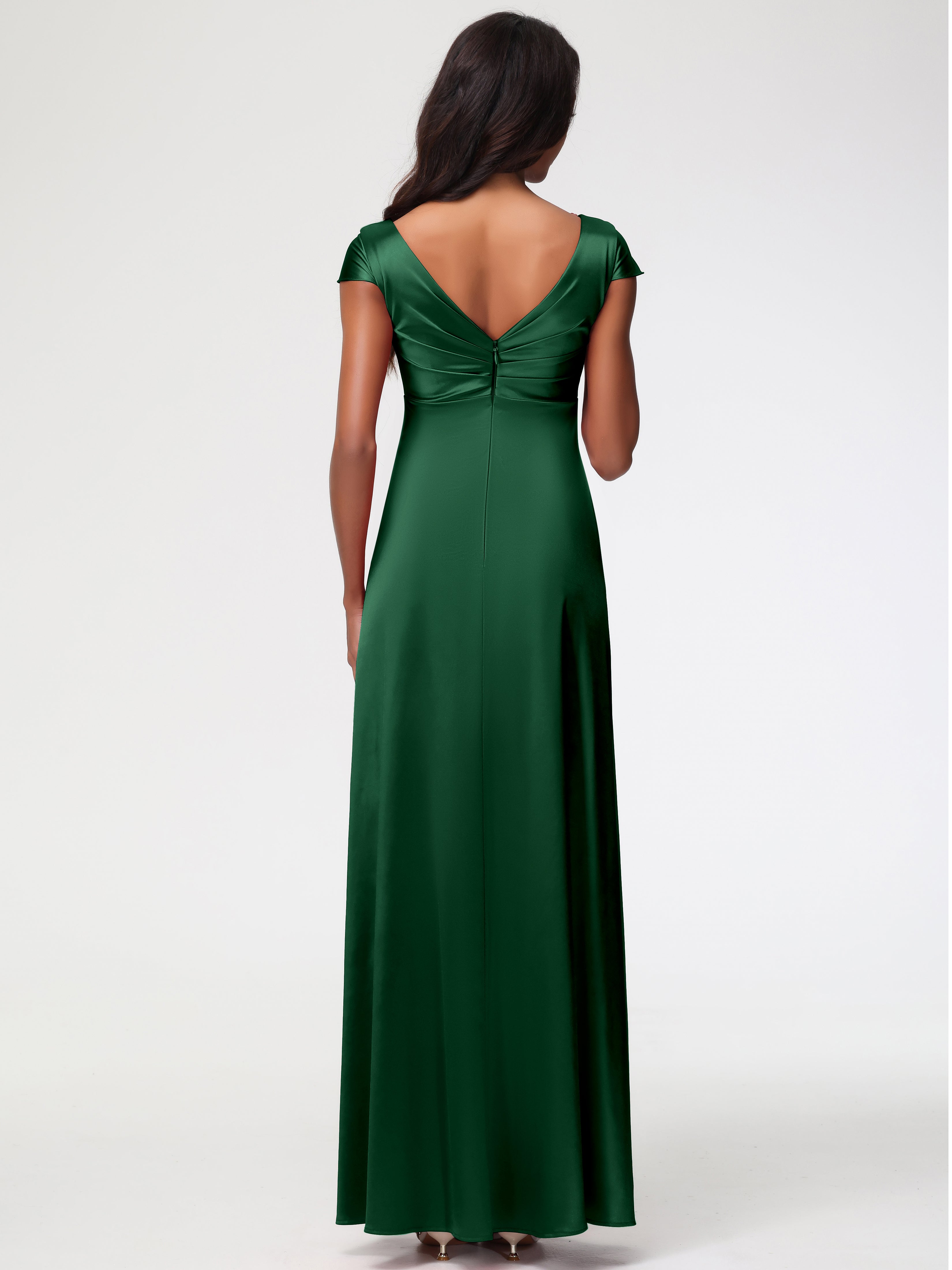 Robe Demoiselle D Honneur Vert Foncé Col V Satin Extensible Robe Demoiselle D Honneur Manche Courte