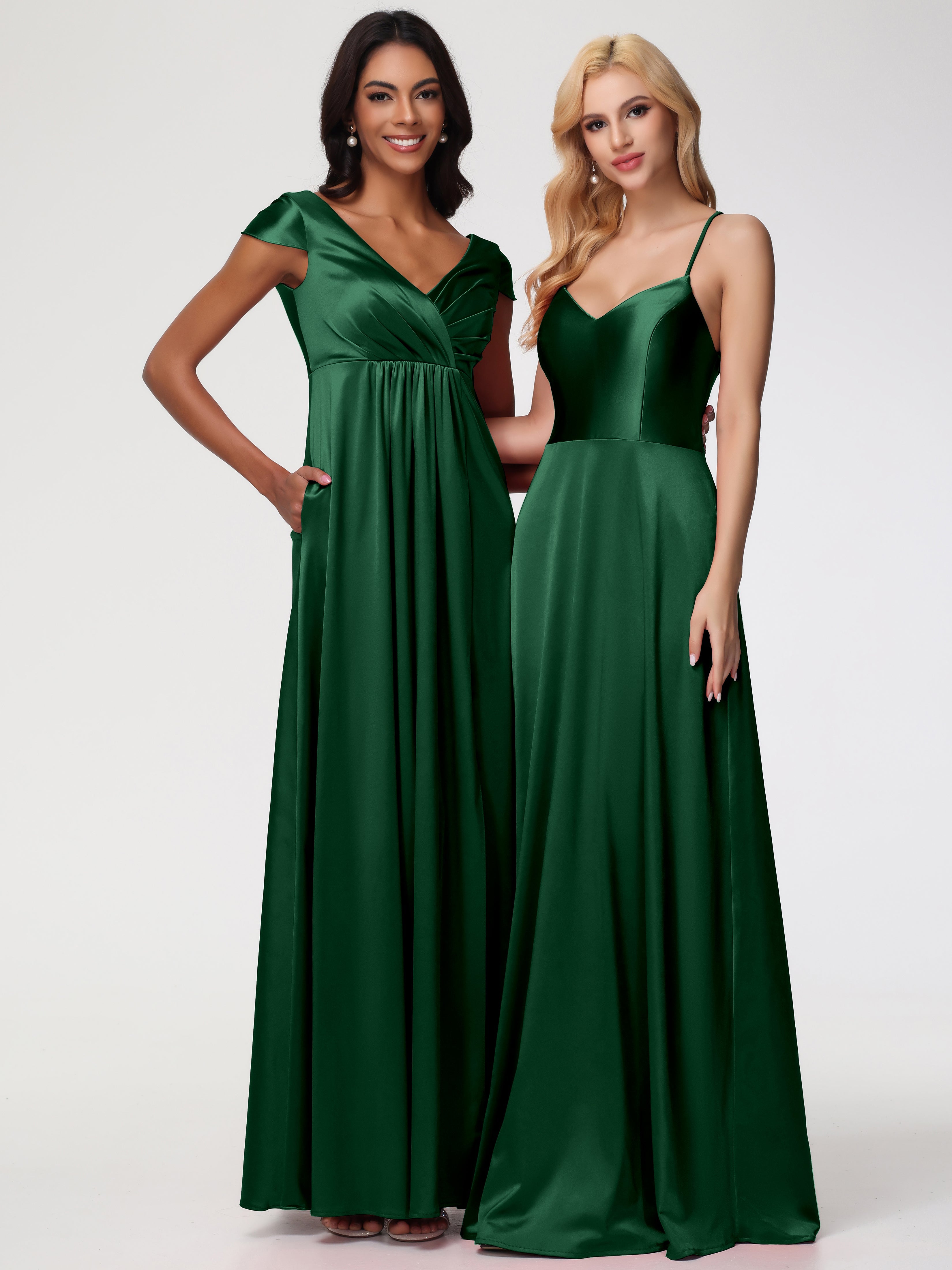 Robe Demoiselle D Honneur Vert Foncé Col V Satin Extensible Robe Demoiselle D Honneur Manche Courte