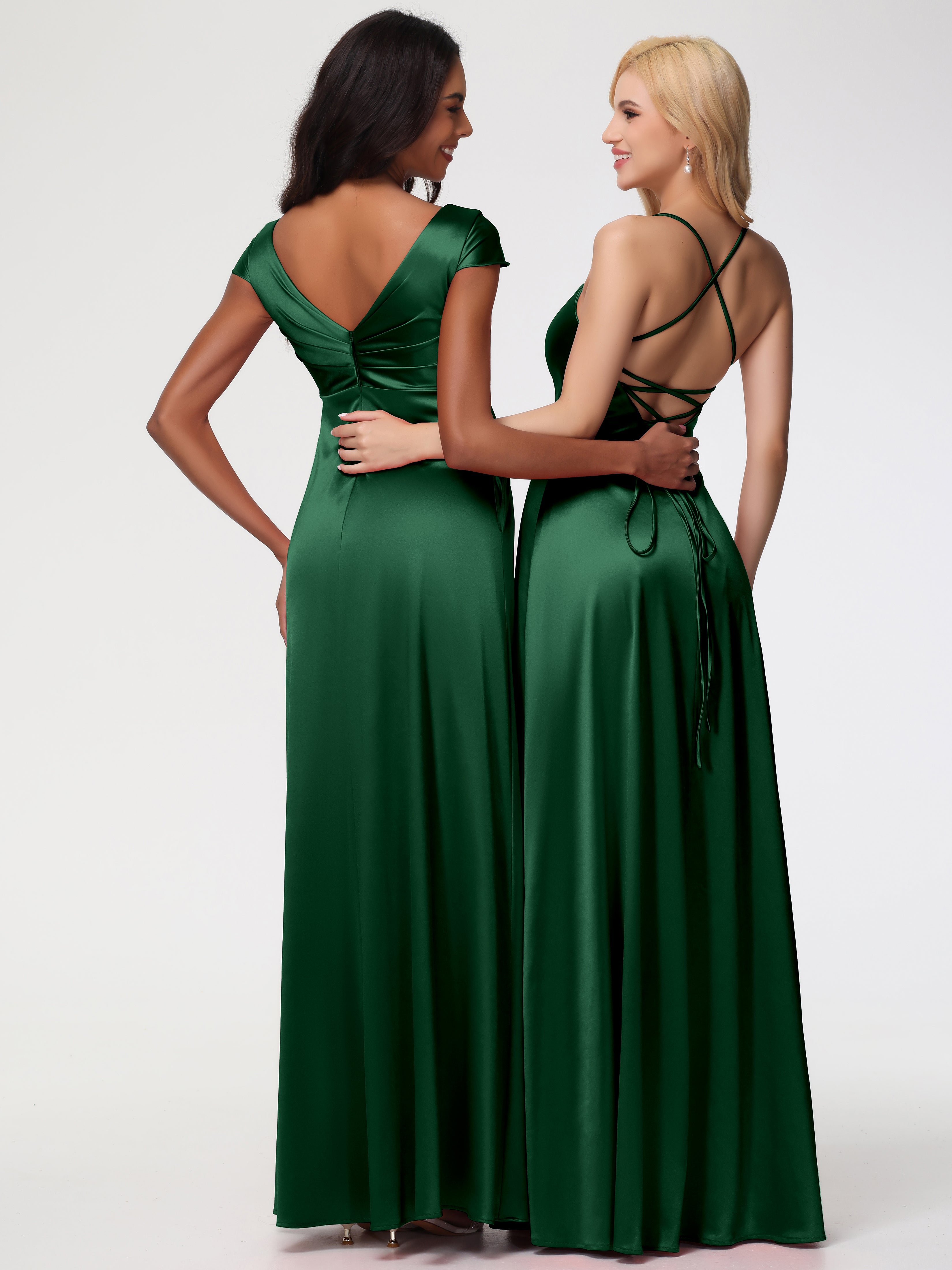 Robe Demoiselle D Honneur Vert Foncé Col V Satin Extensible Robe Demoiselle D Honneur Manche Courte