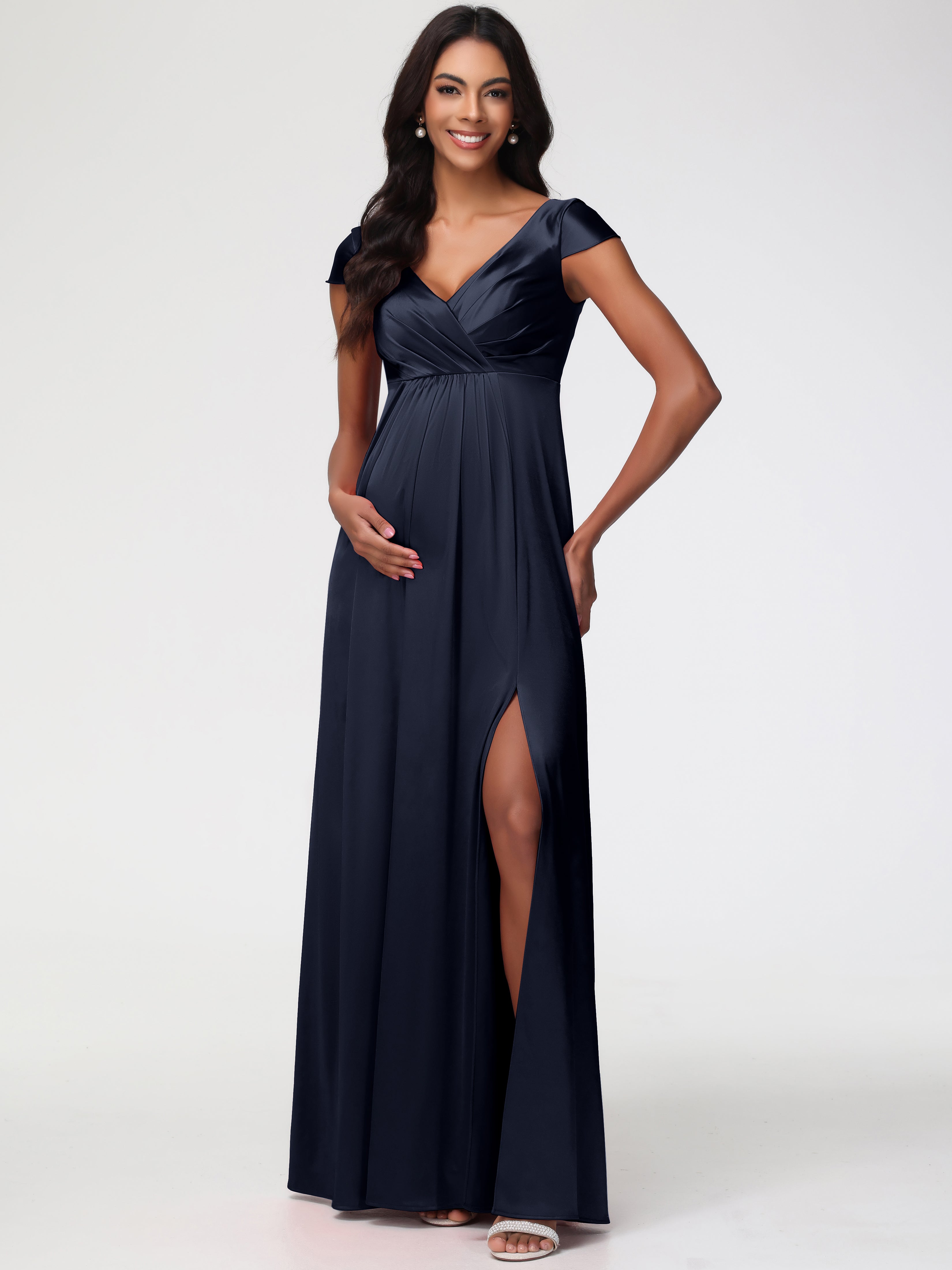 Robe Demoiselle Dhonneur Bleu Marine Col V Satin Extensible Robe Demoiselle D Honneur Manche Courte