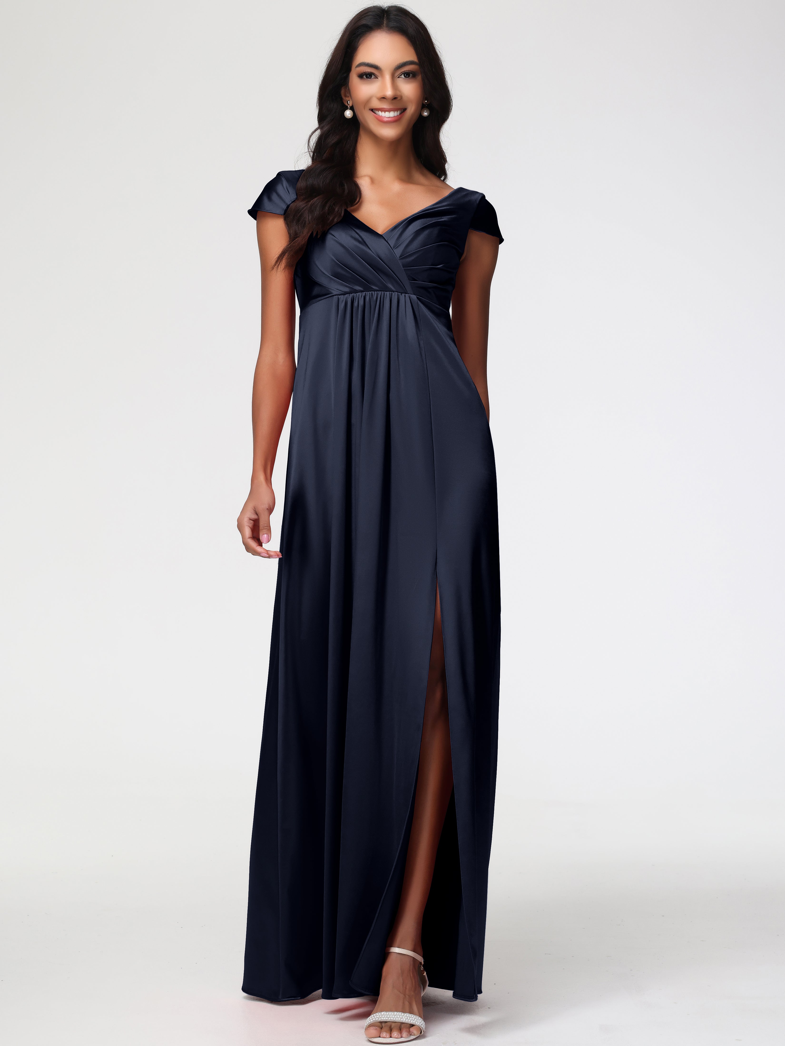 Robe Demoiselle Dhonneur Bleu Marine Col V Satin Extensible Robe Demoiselle D Honneur Manche Courte
