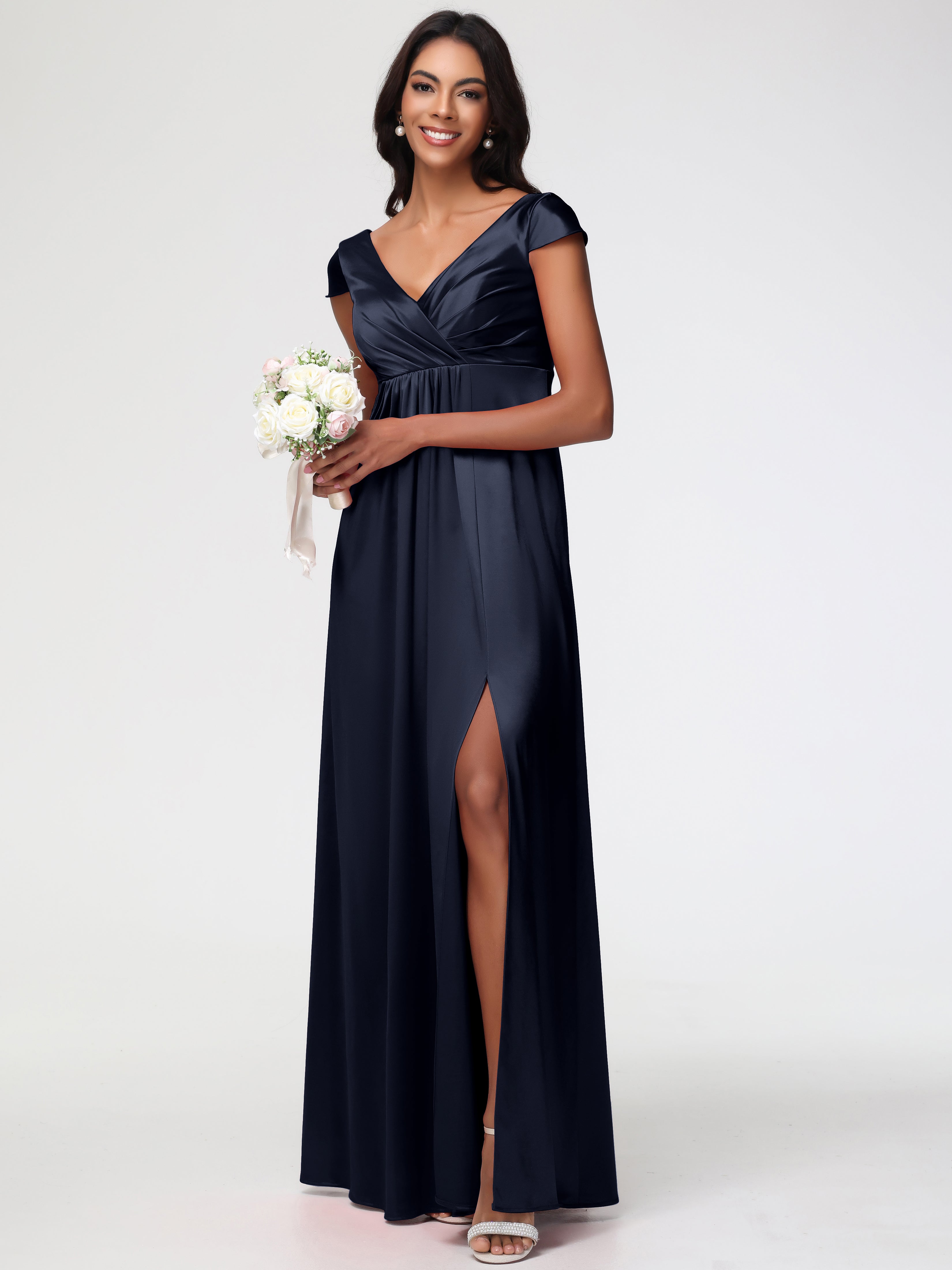 Robe Demoiselle Dhonneur Bleu Marine Col V Satin Extensible Robe Demoiselle D Honneur Manche Courte