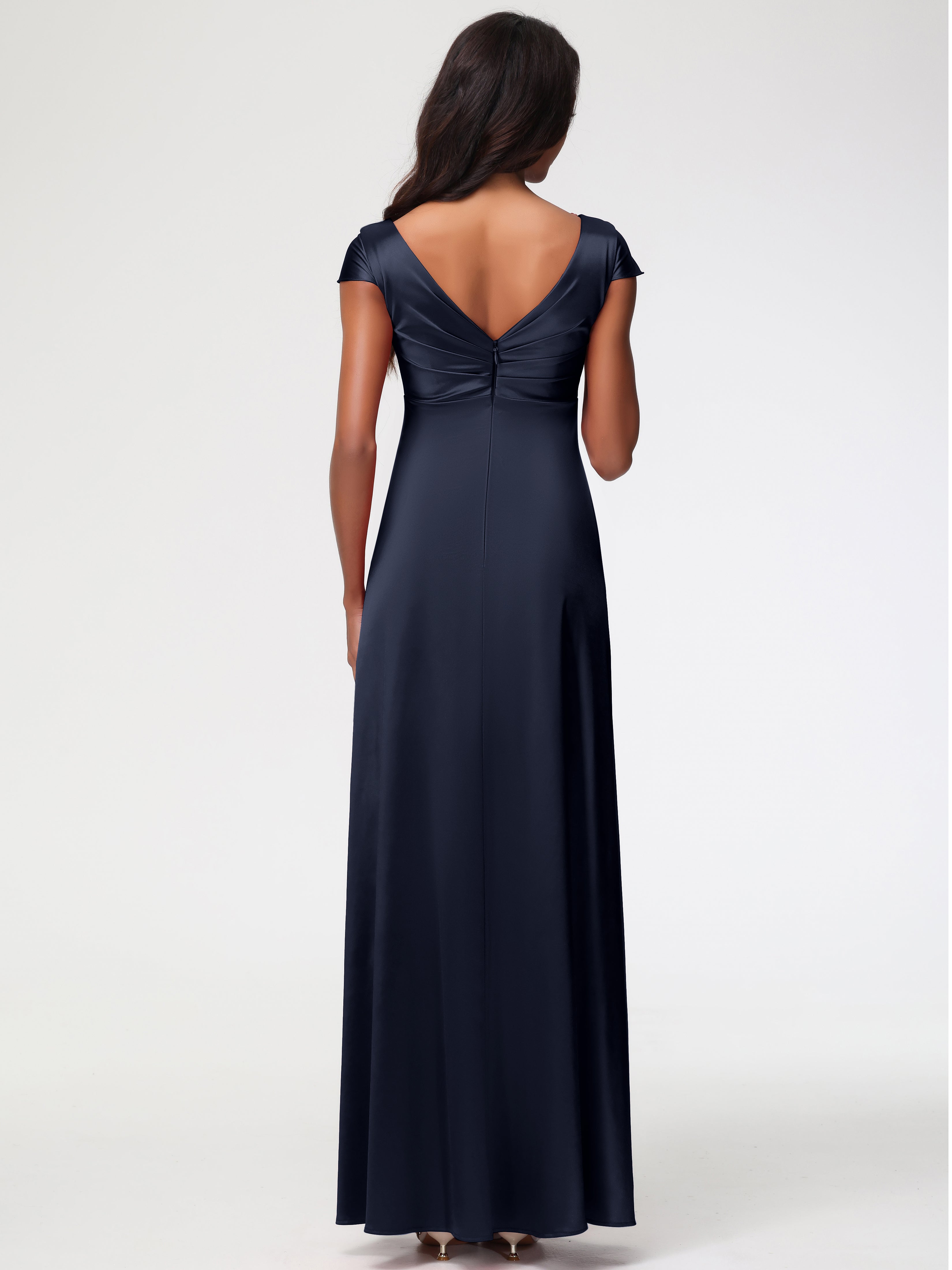 Robe Demoiselle Dhonneur Bleu Marine Col V Satin Extensible Robe Demoiselle D Honneur Manche Courte