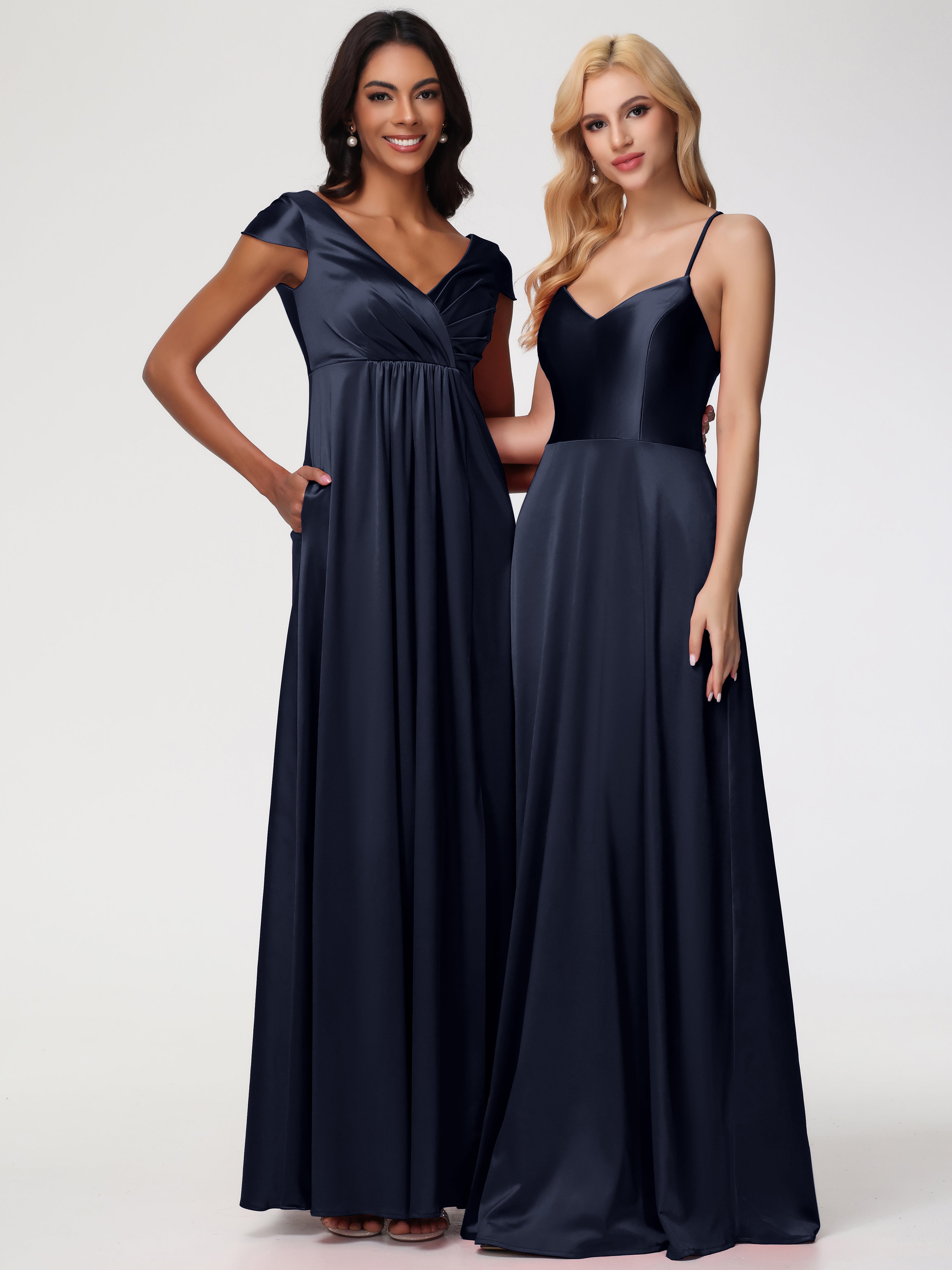 Robe Demoiselle Dhonneur Bleu Marine Col V Satin Extensible Robe Demoiselle D Honneur Manche Courte