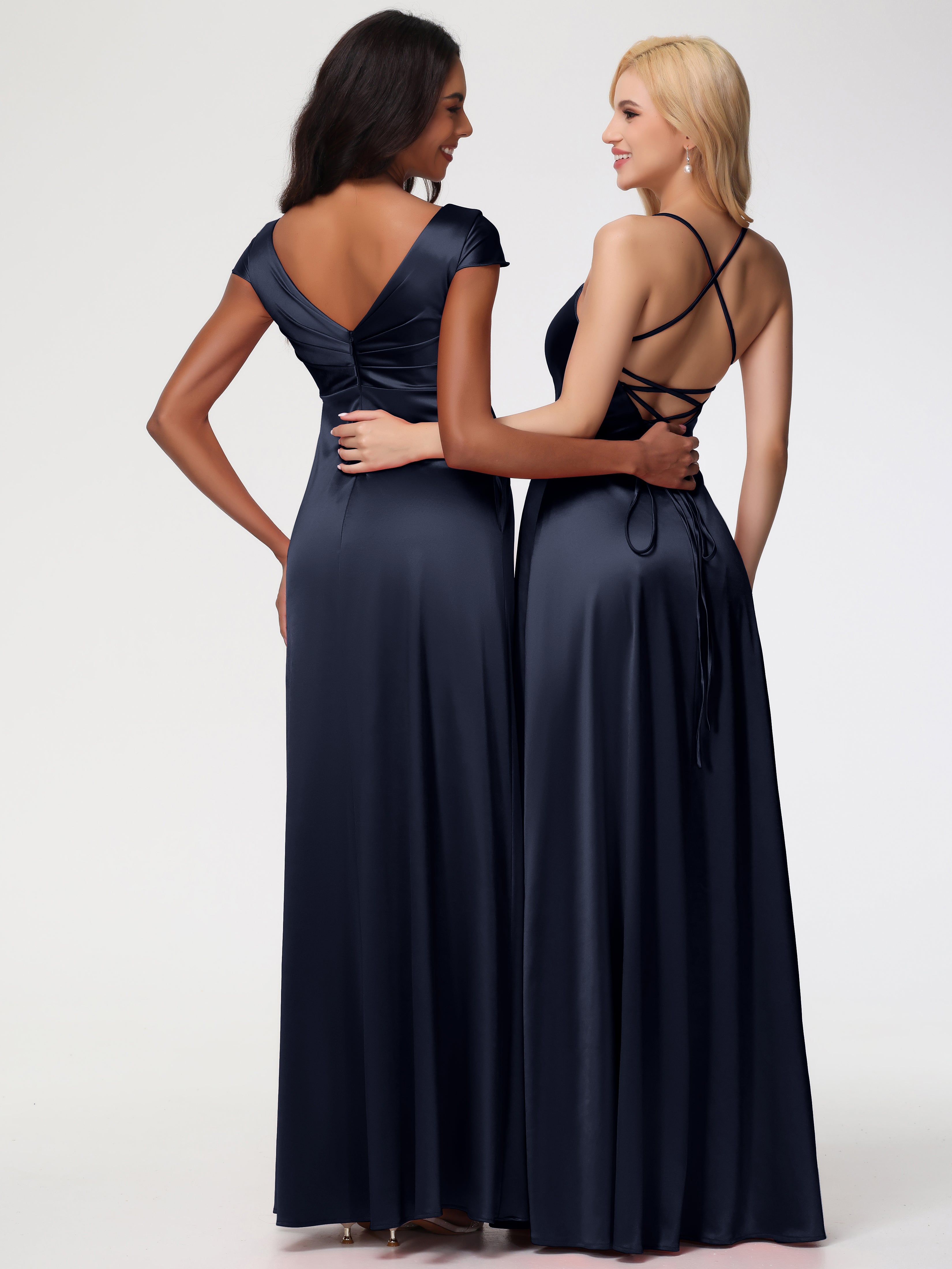 Robe Demoiselle Dhonneur Bleu Marine Col V Satin Extensible Robe Demoiselle D Honneur Manche Courte