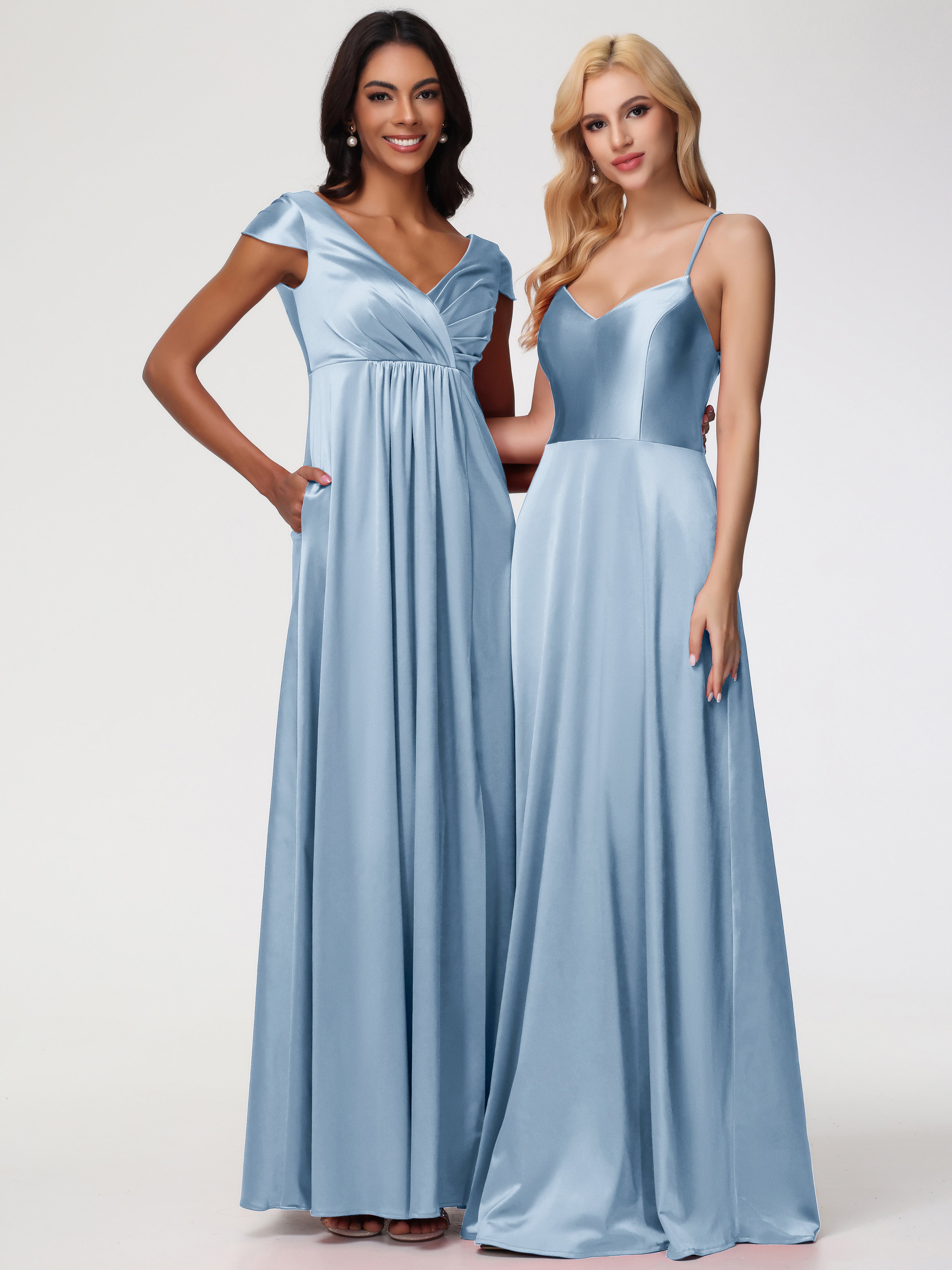 Robes De Demoiselle D'Honneur Bleu Poudre Col V Satin Extensible Robe Demoiselle D Honneur Manche Courte