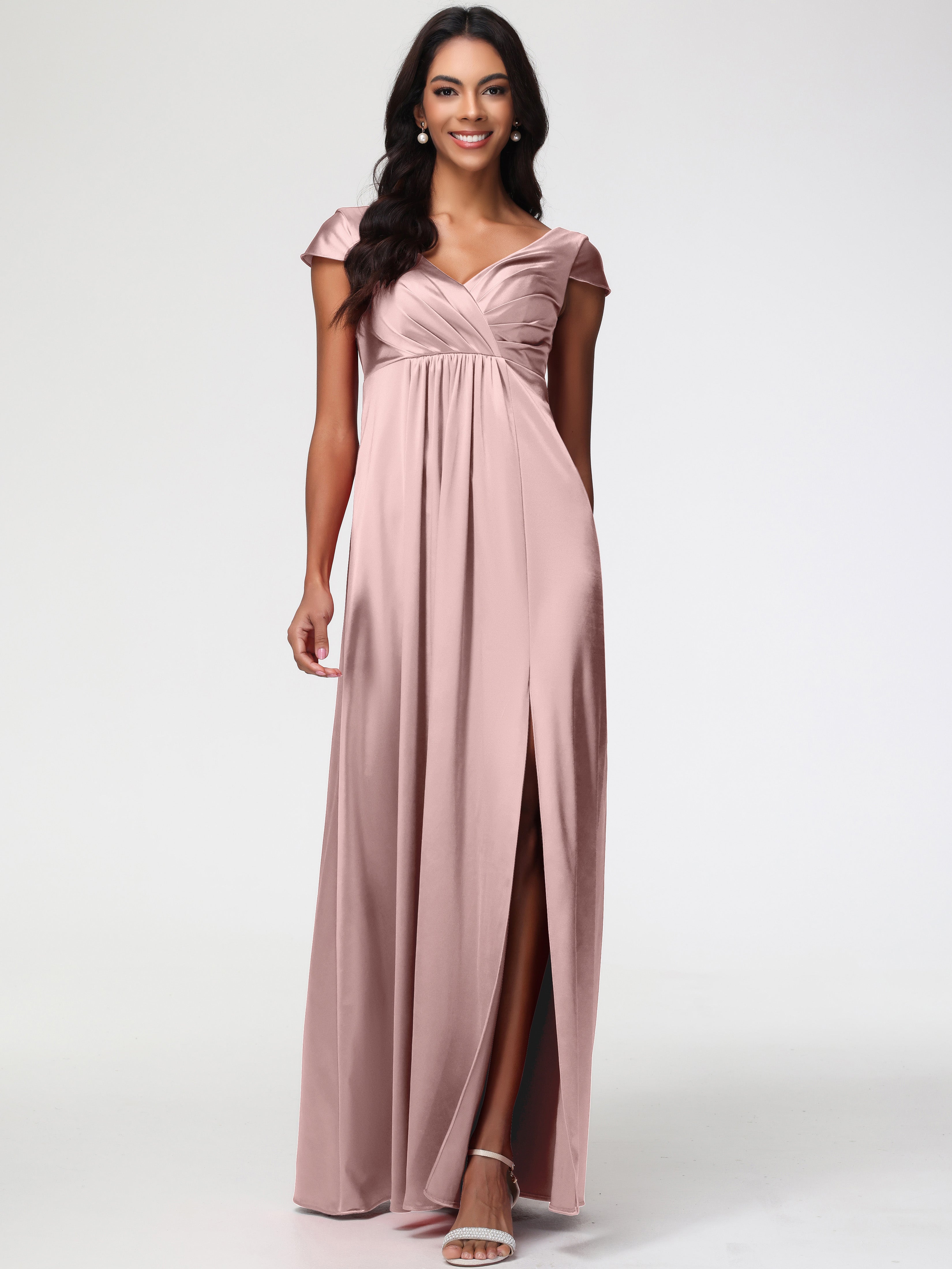 Robe De Demoiselle D Honneur Rose Poudré Col V Satin Extensible Robe Demoiselle D Honneur Manche Courte