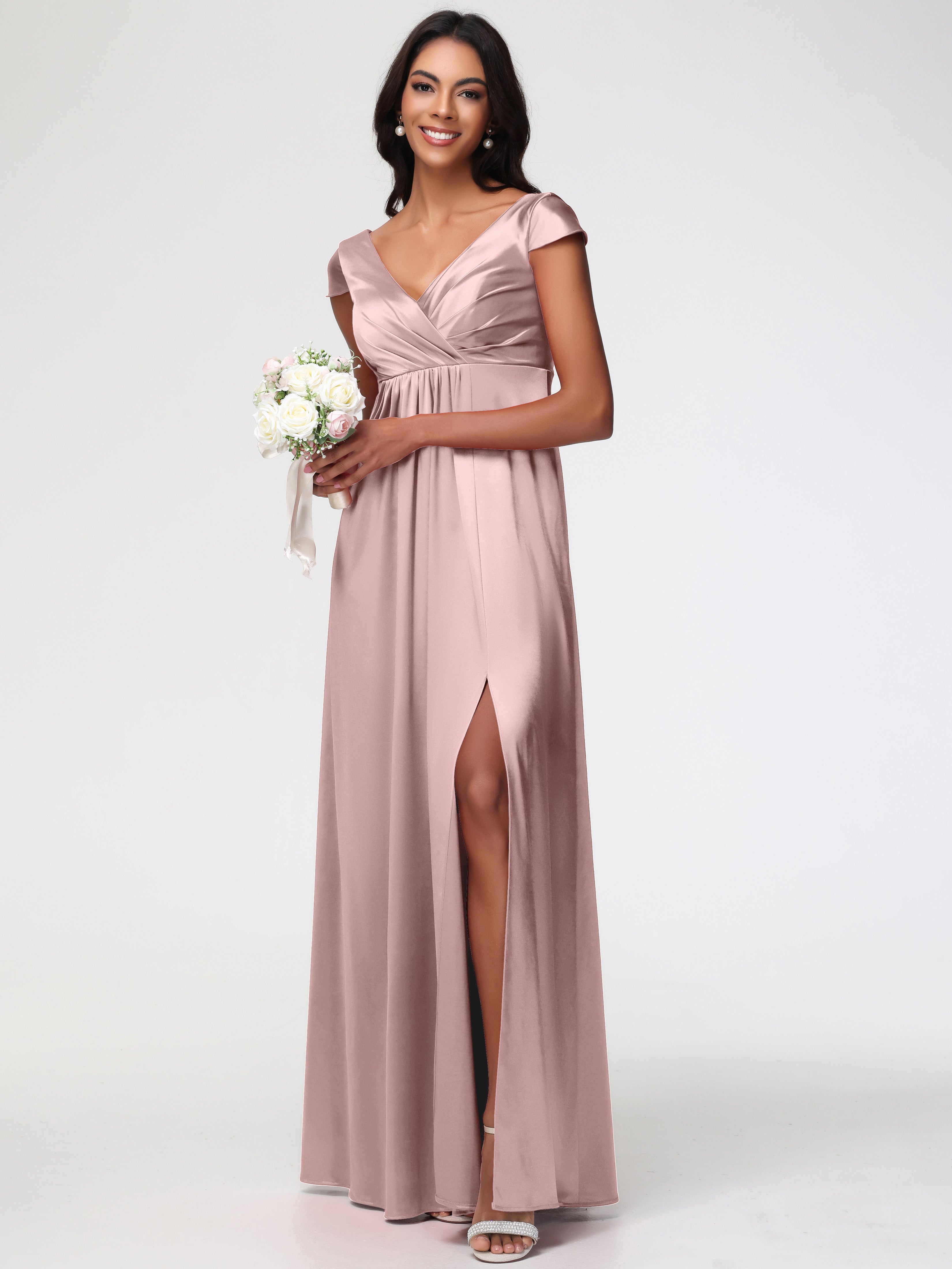 Robe De Demoiselle D Honneur Rose Poudré Col V Satin Extensible Robe Demoiselle D Honneur Manche Courte