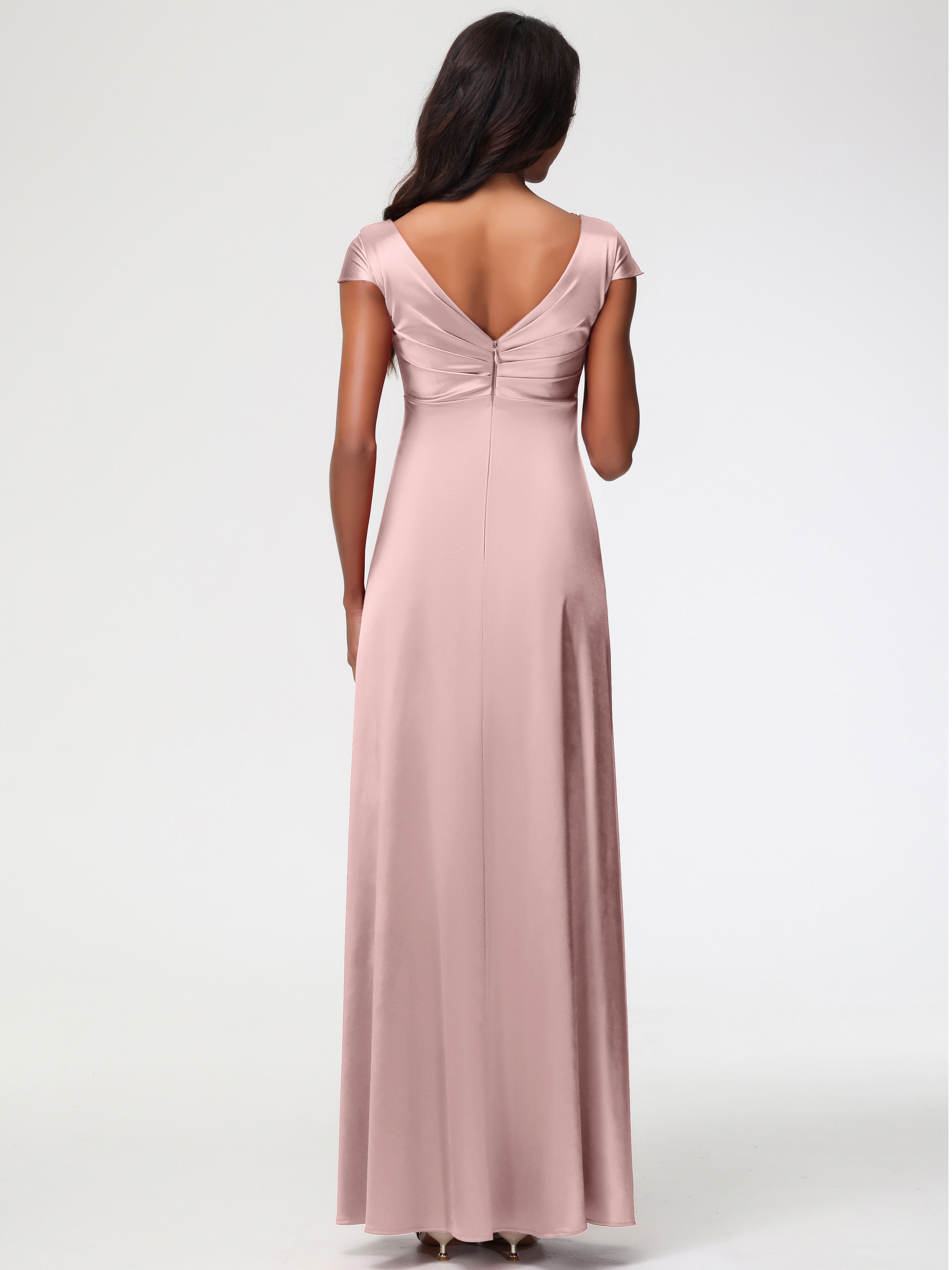 Robe De Demoiselle D Honneur Rose Poudré Col V Satin Extensible Robe Demoiselle D Honneur Manche Courte