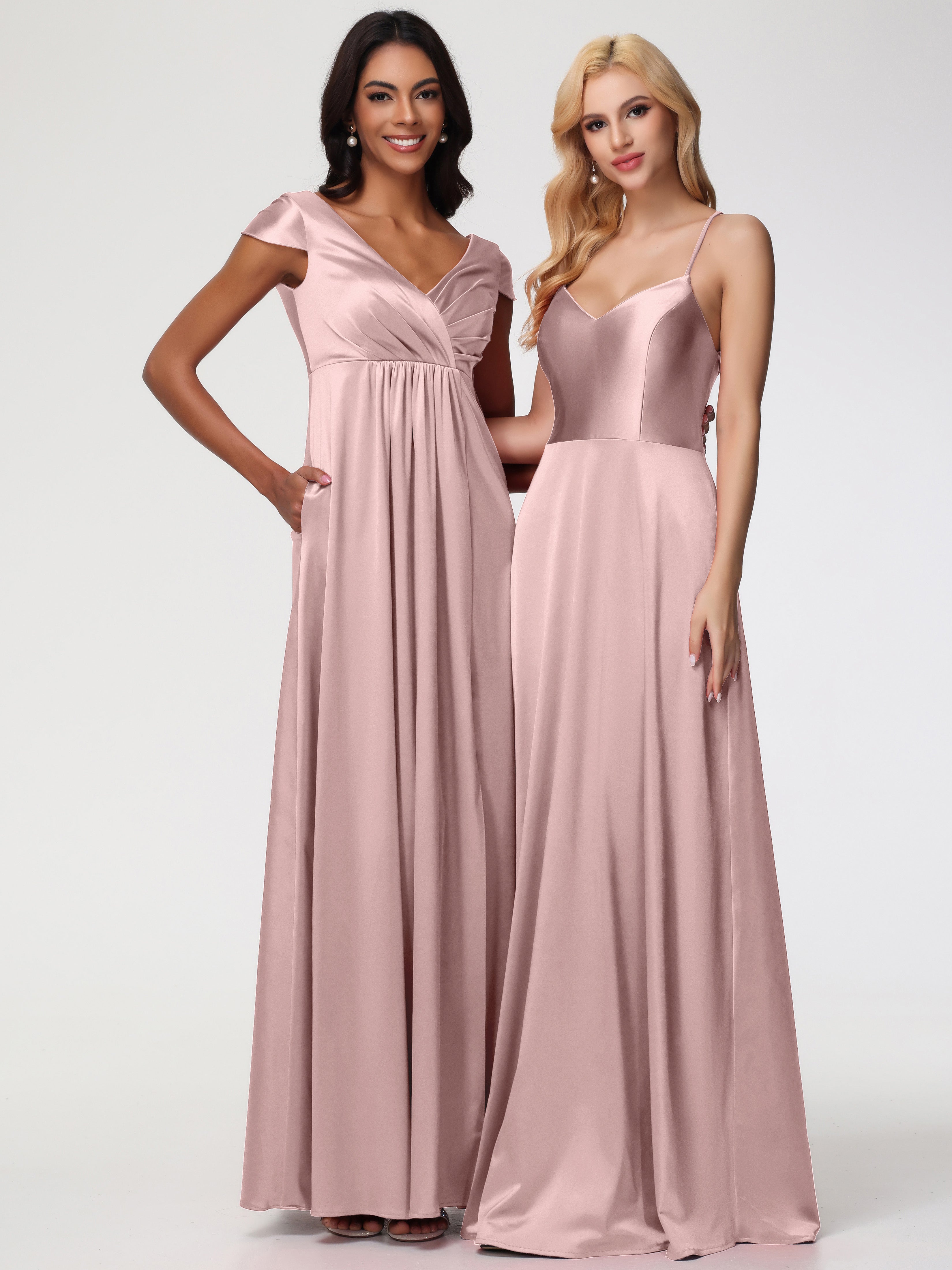 Robe De Demoiselle D Honneur Rose Poudré Col V Satin Extensible Robe Demoiselle D Honneur Manche Courte
