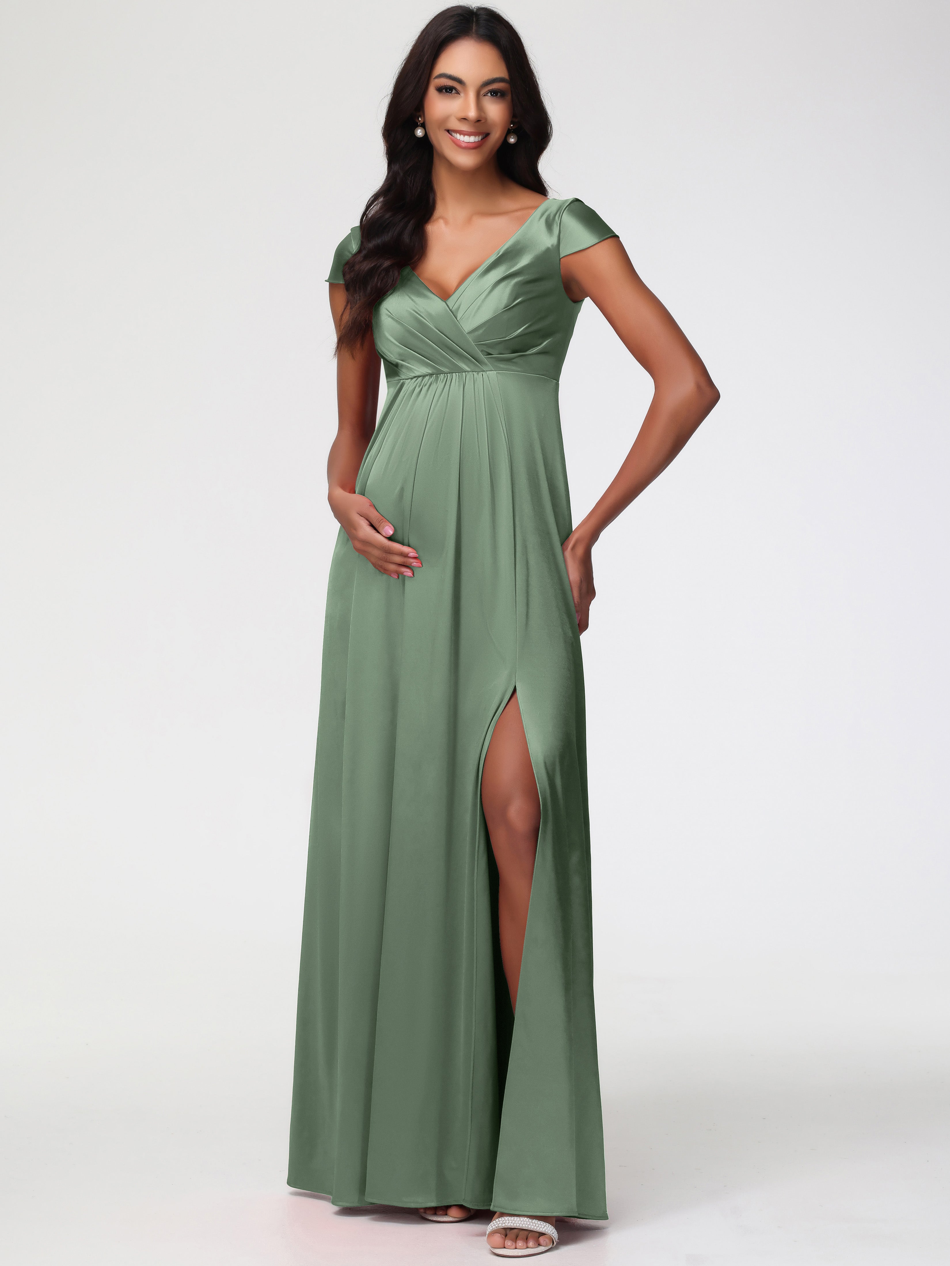 Sauge Poussiéreuse De Demoiselle D'Honneur Col V Satin Extensible Robe Demoiselle D Honneur Manche Courte